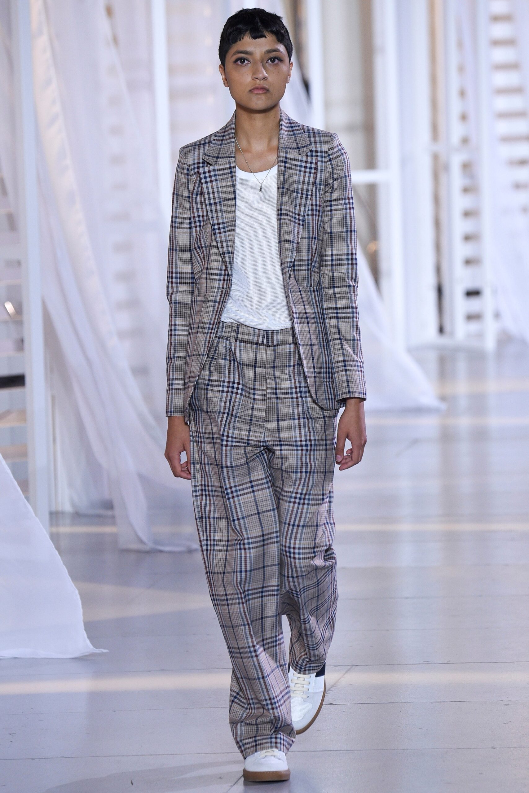 beige checked tailored suit