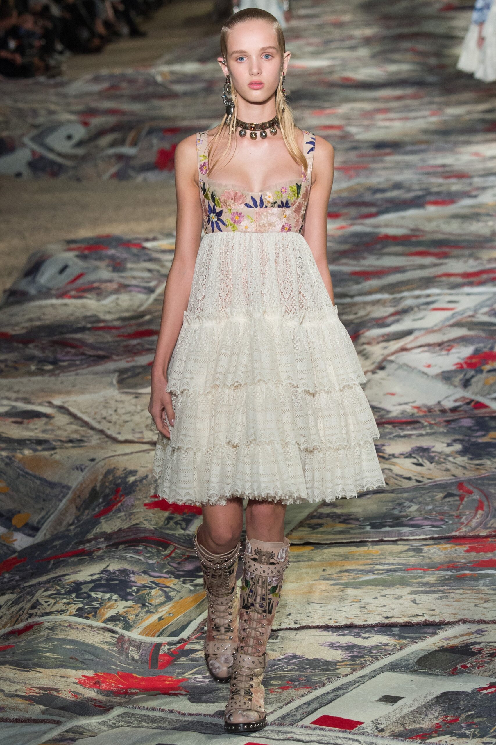 white lace tiered dress with beige boots