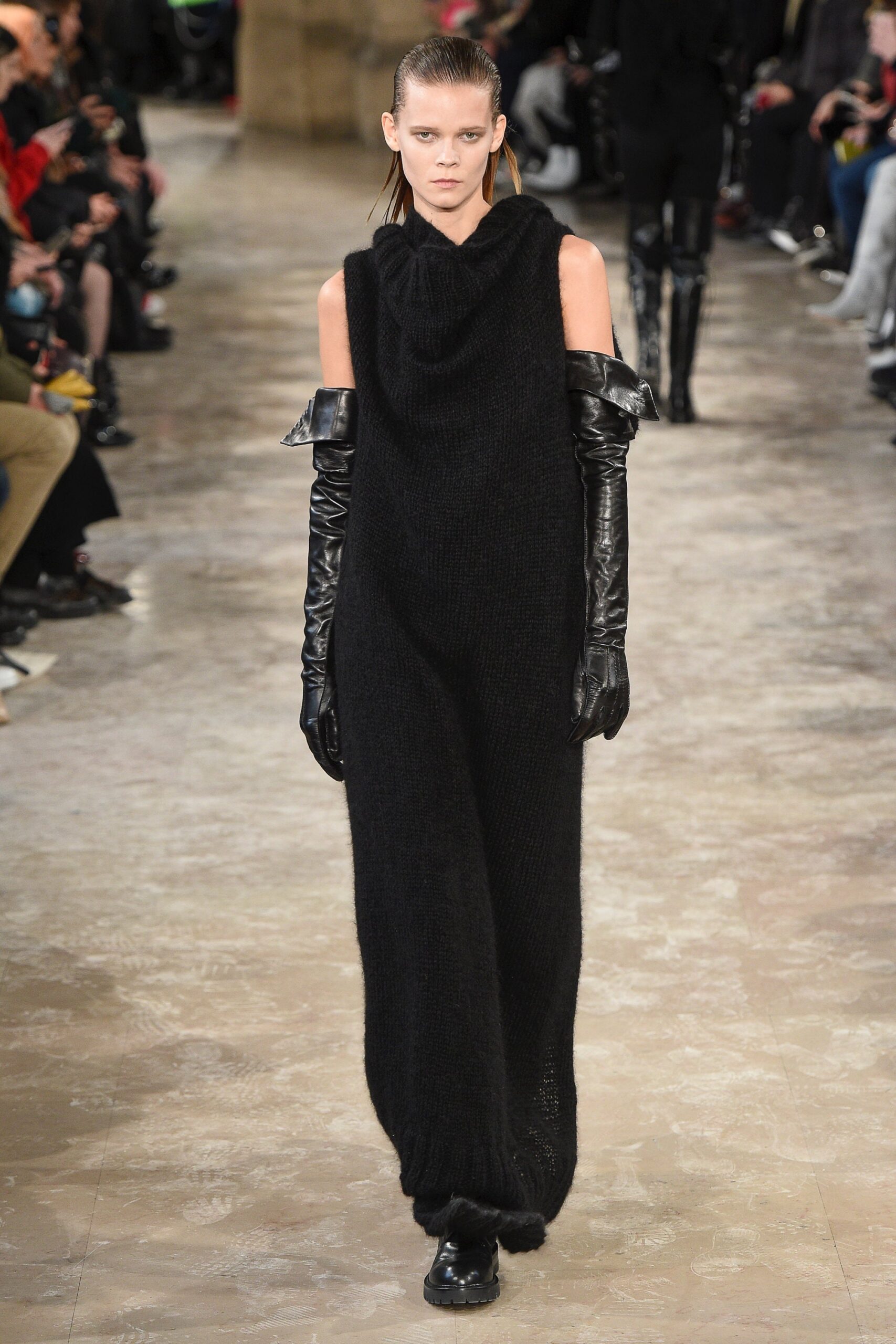 black wool maxi dress with gloves