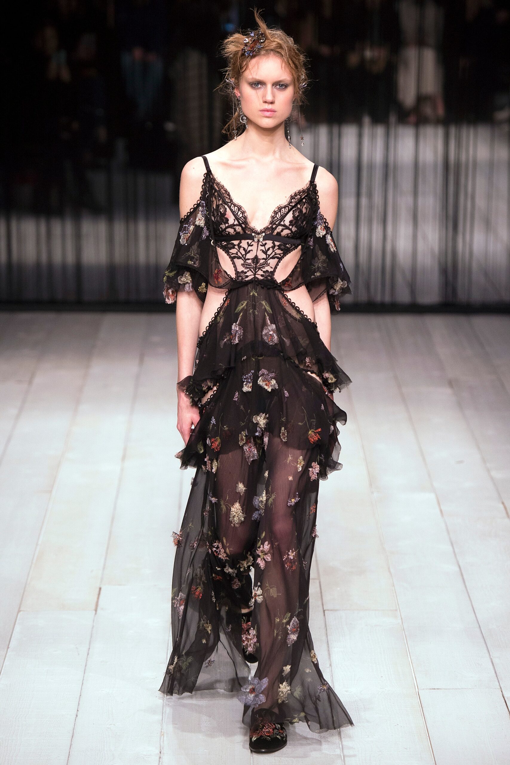 black silk ruffled gown