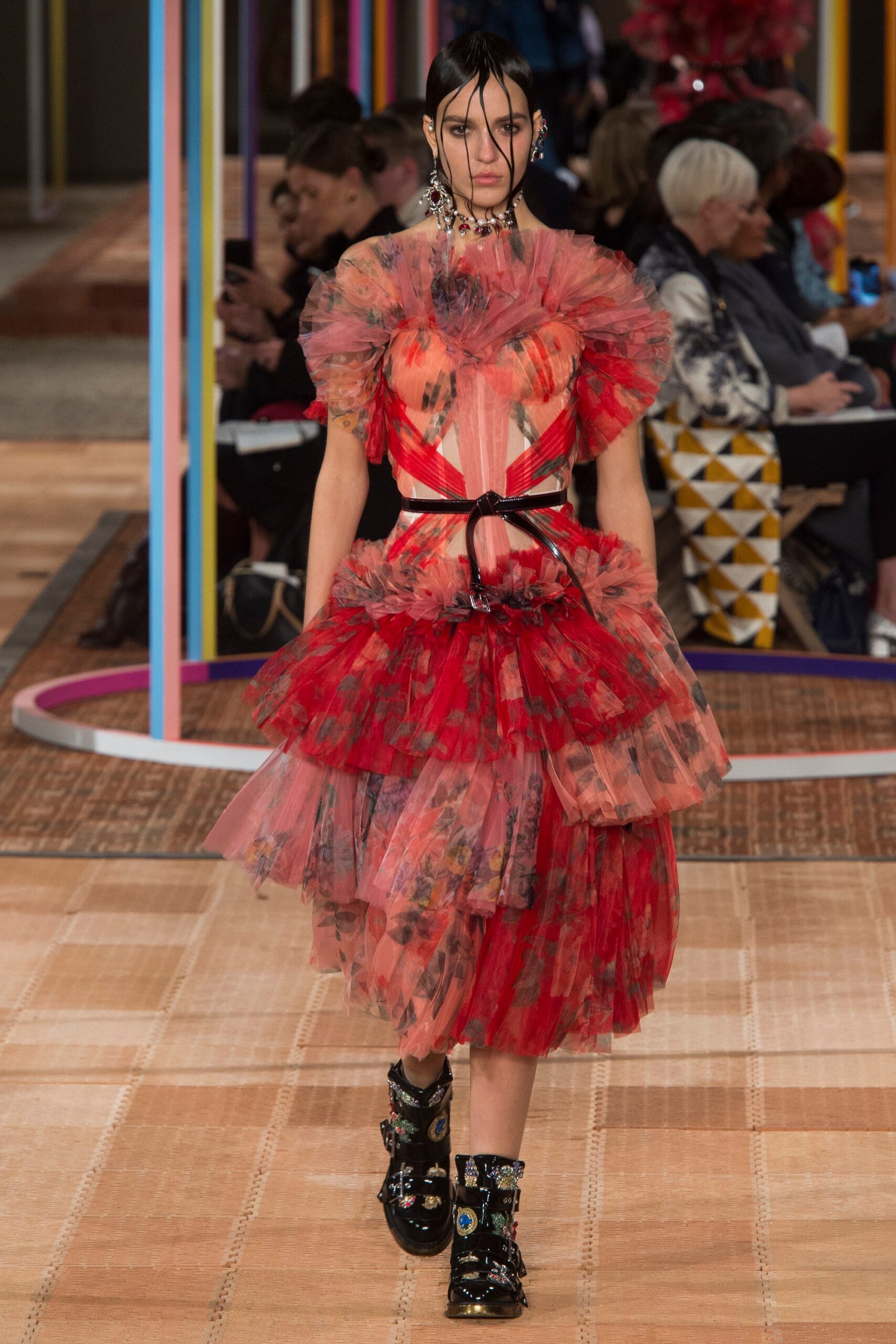 red tulle sleeveless v-neck fitted tiered ruffled dress