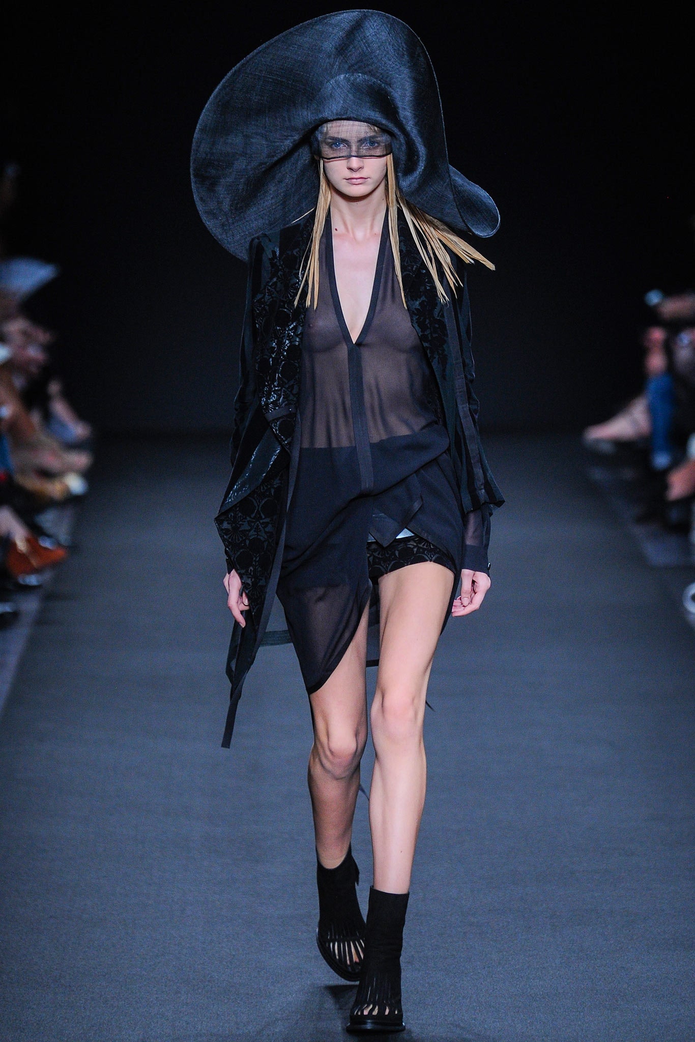black silk long-sleeve v-neck fitted sheer mini dress