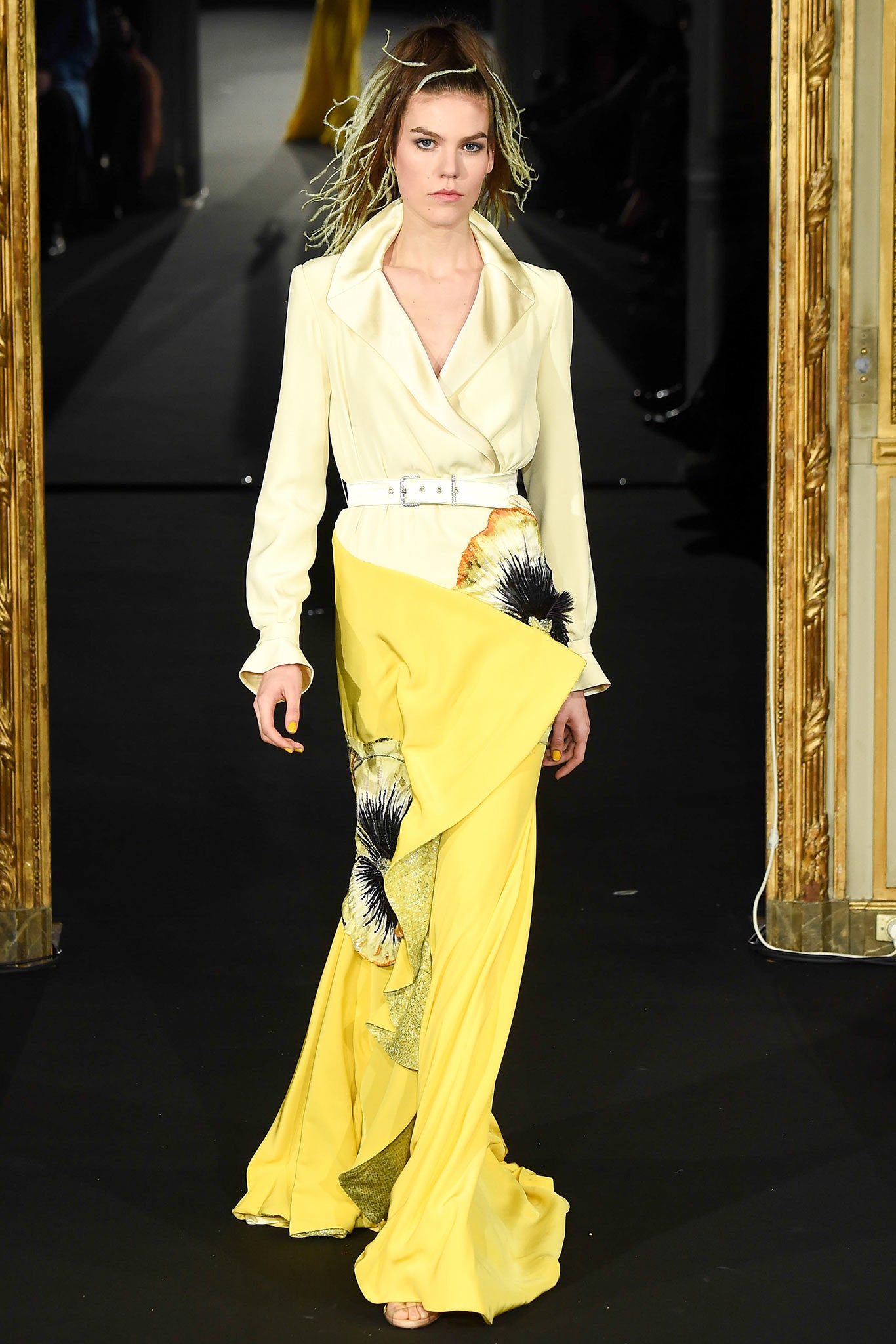 yellow silk long-sleeve gown