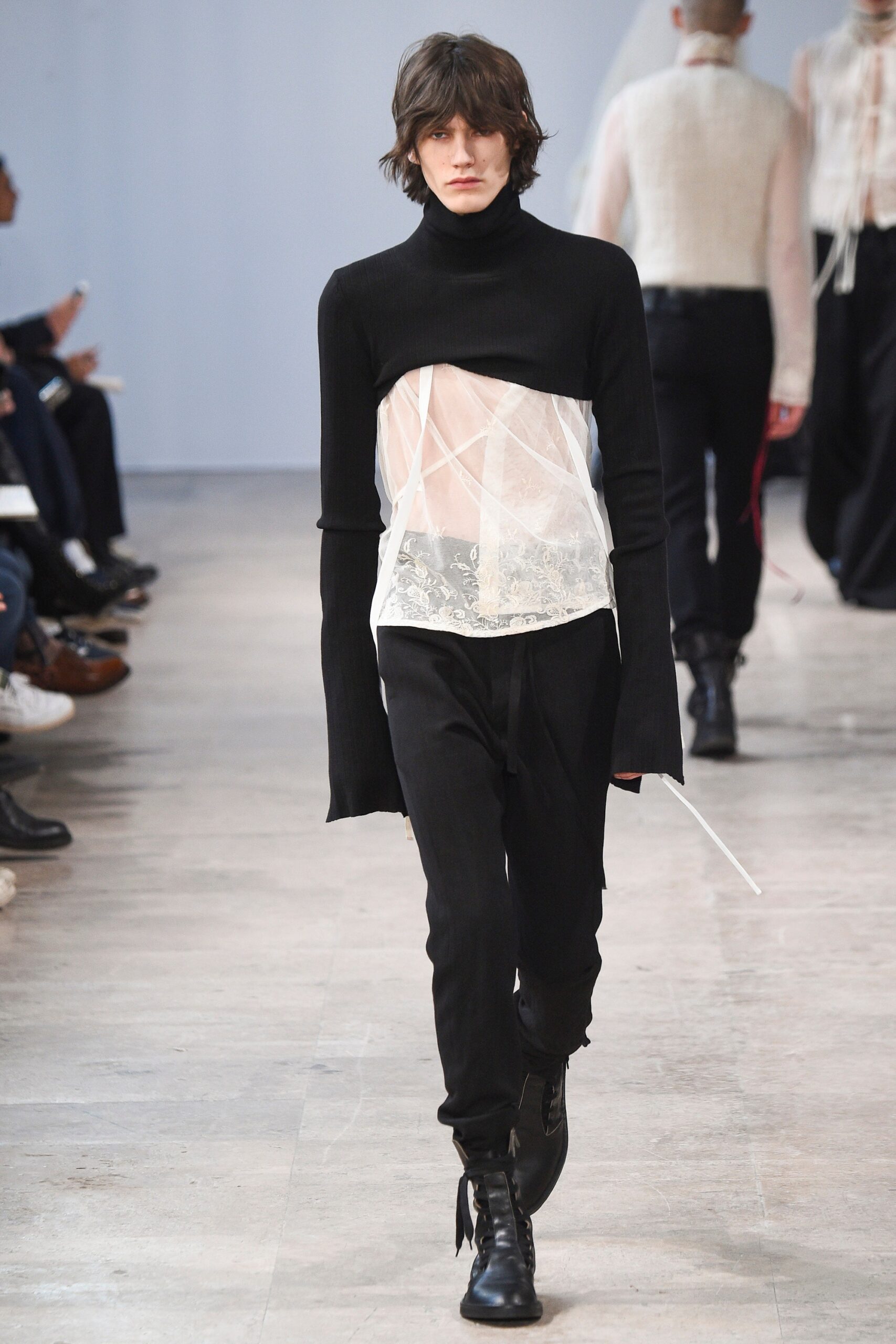 black silk long-sleeve high-neck fitted layered top