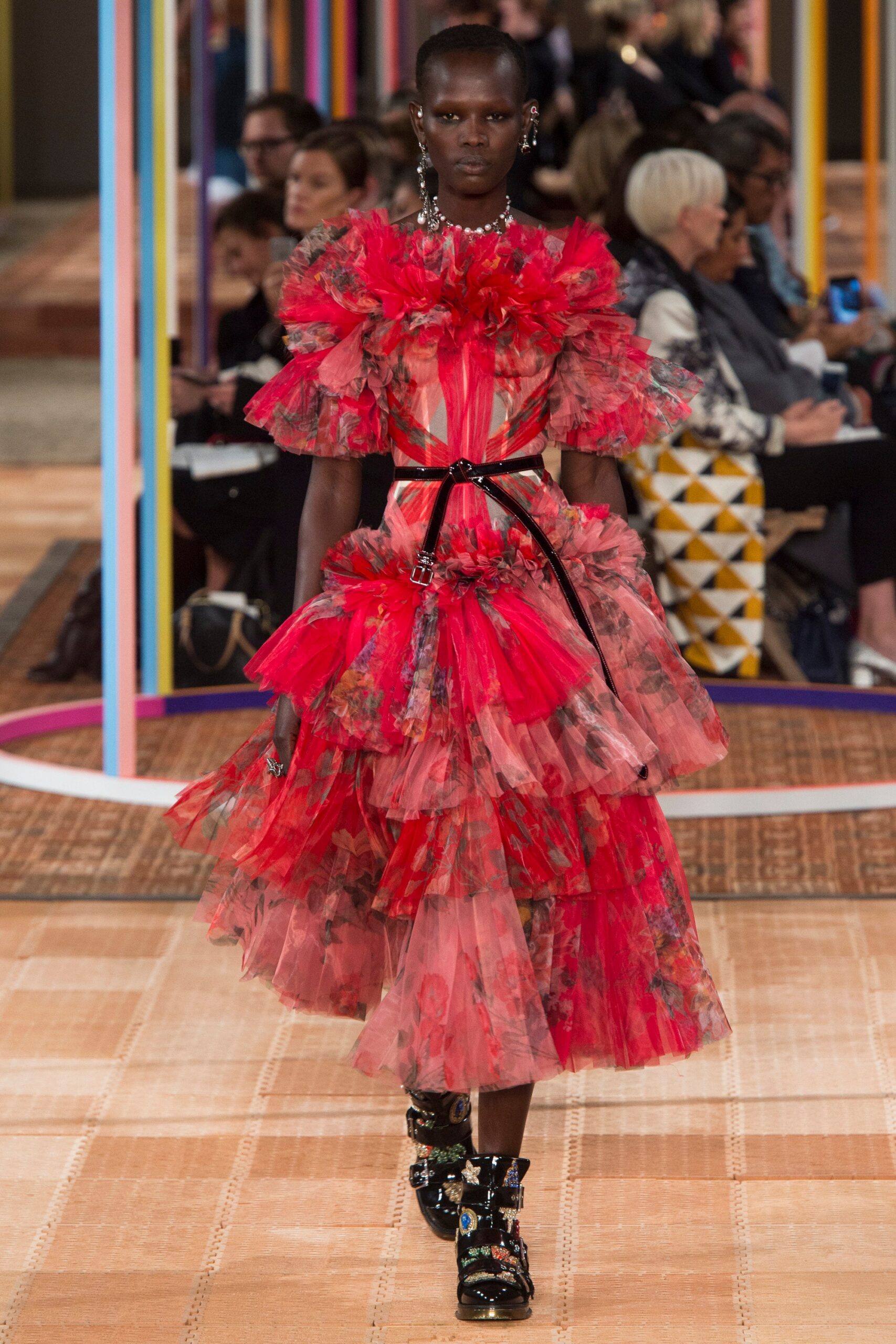 red pink ruffled midi dress