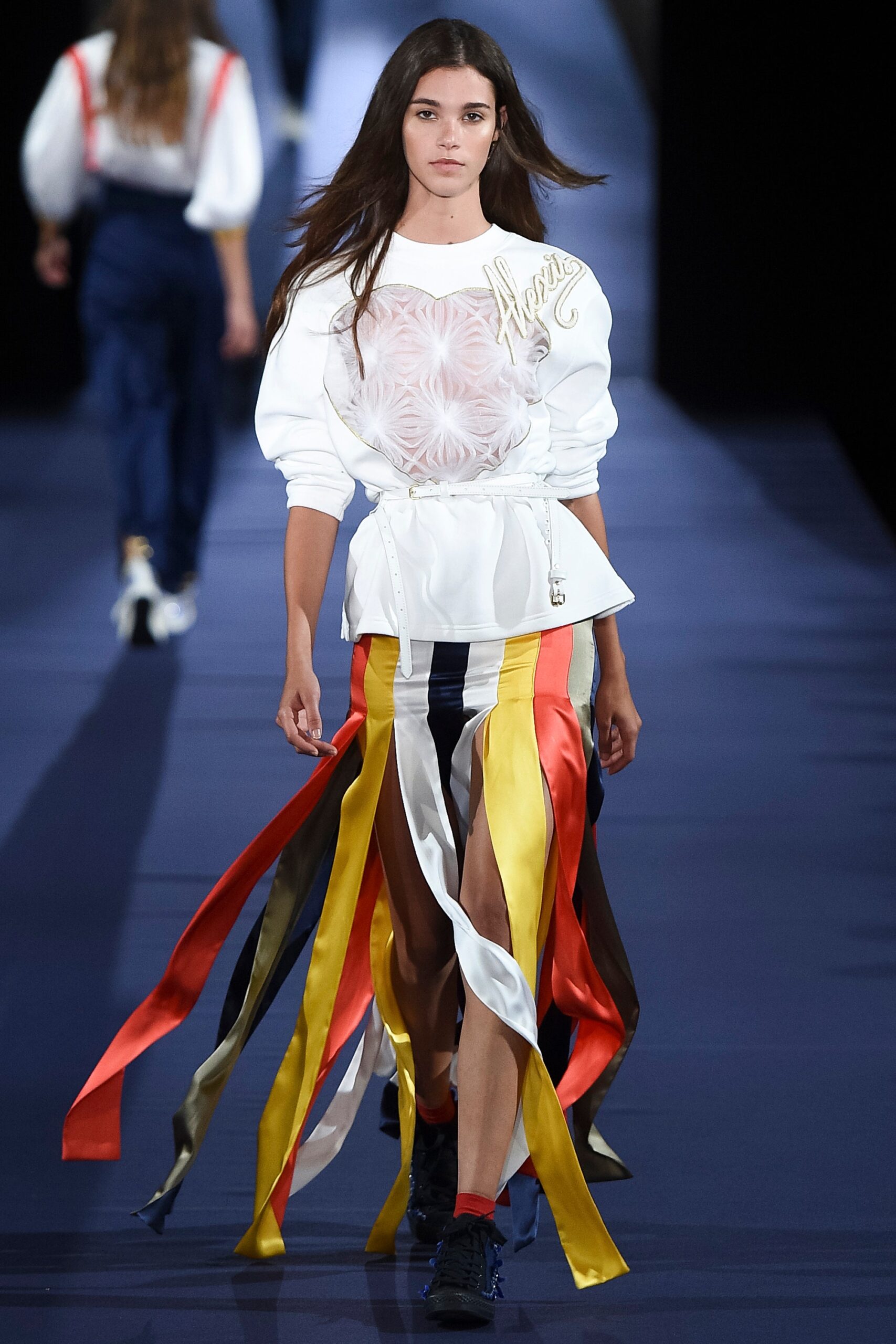 white relaxed top with multi-tiered skirt