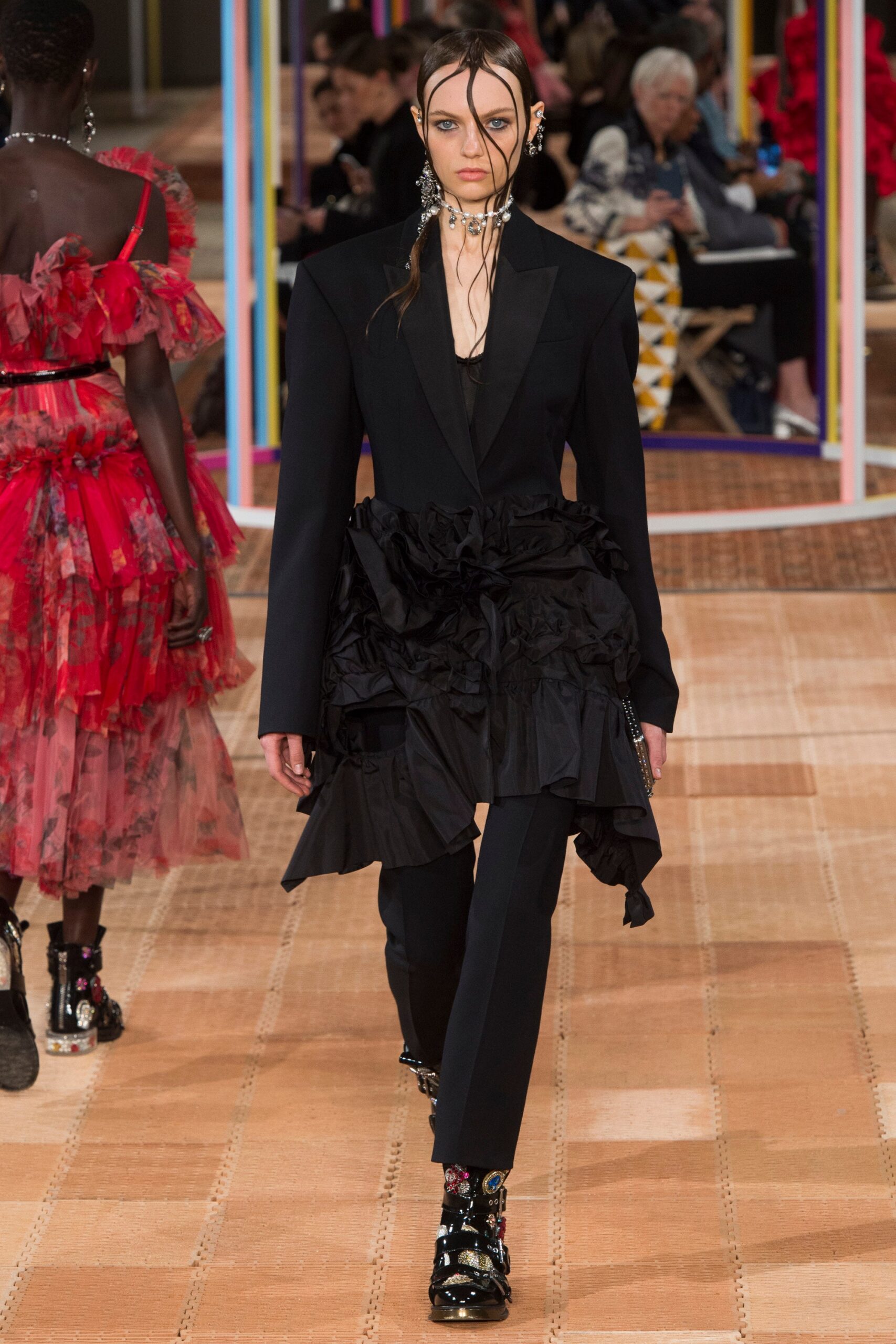 black silk long-sleeve collared fitted ruffled suit