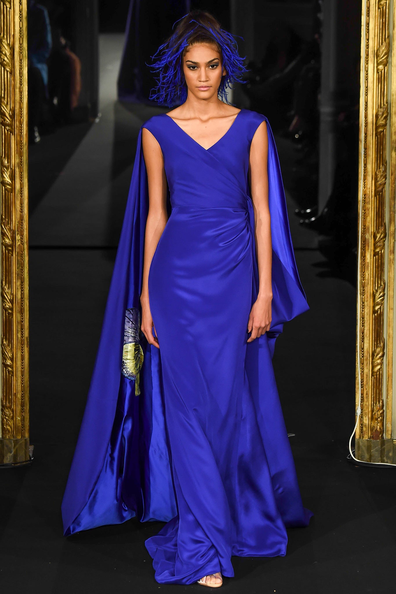 blue silk long-sleeve relaxed layered flowing cape