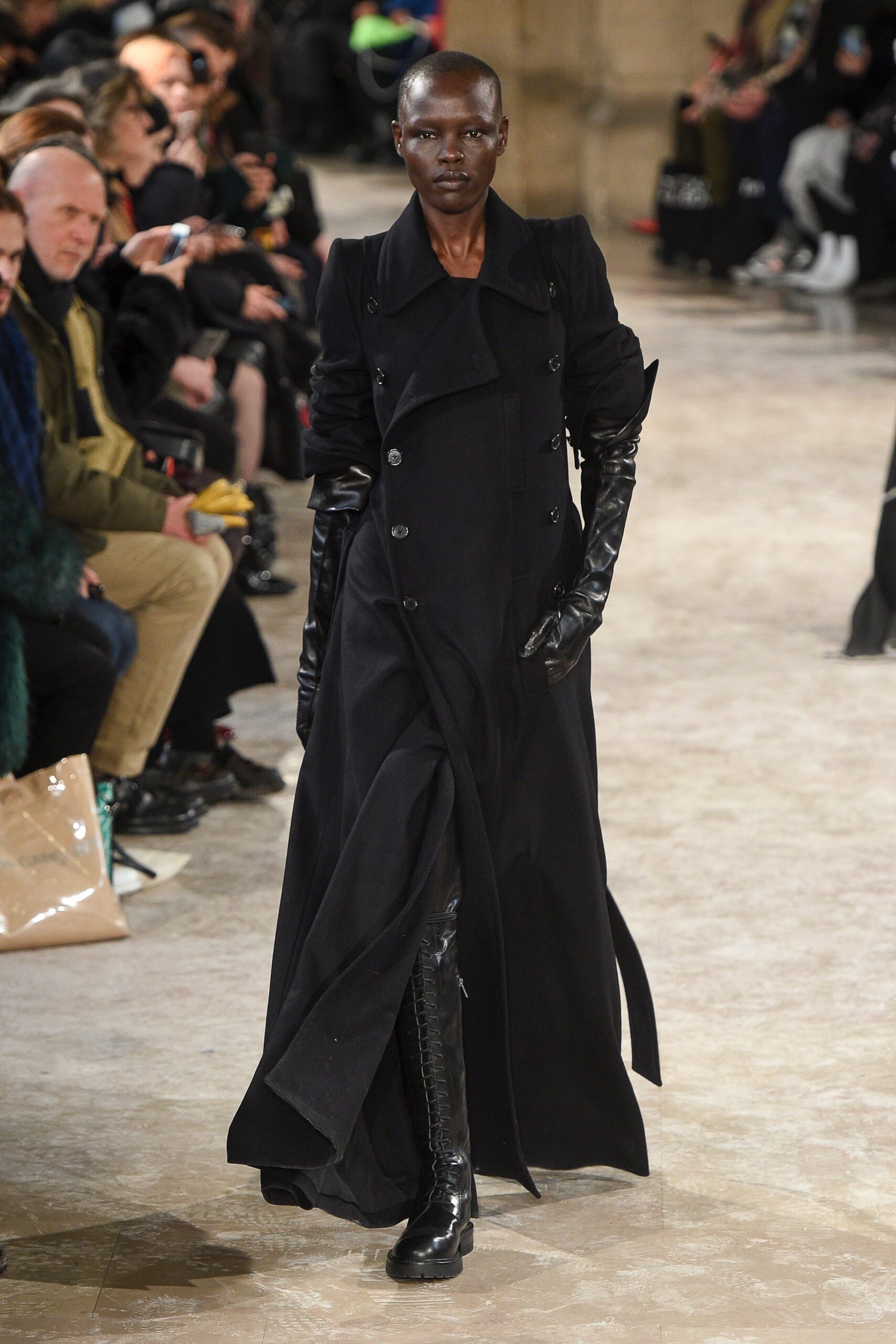 black wool coat with gloves and boots