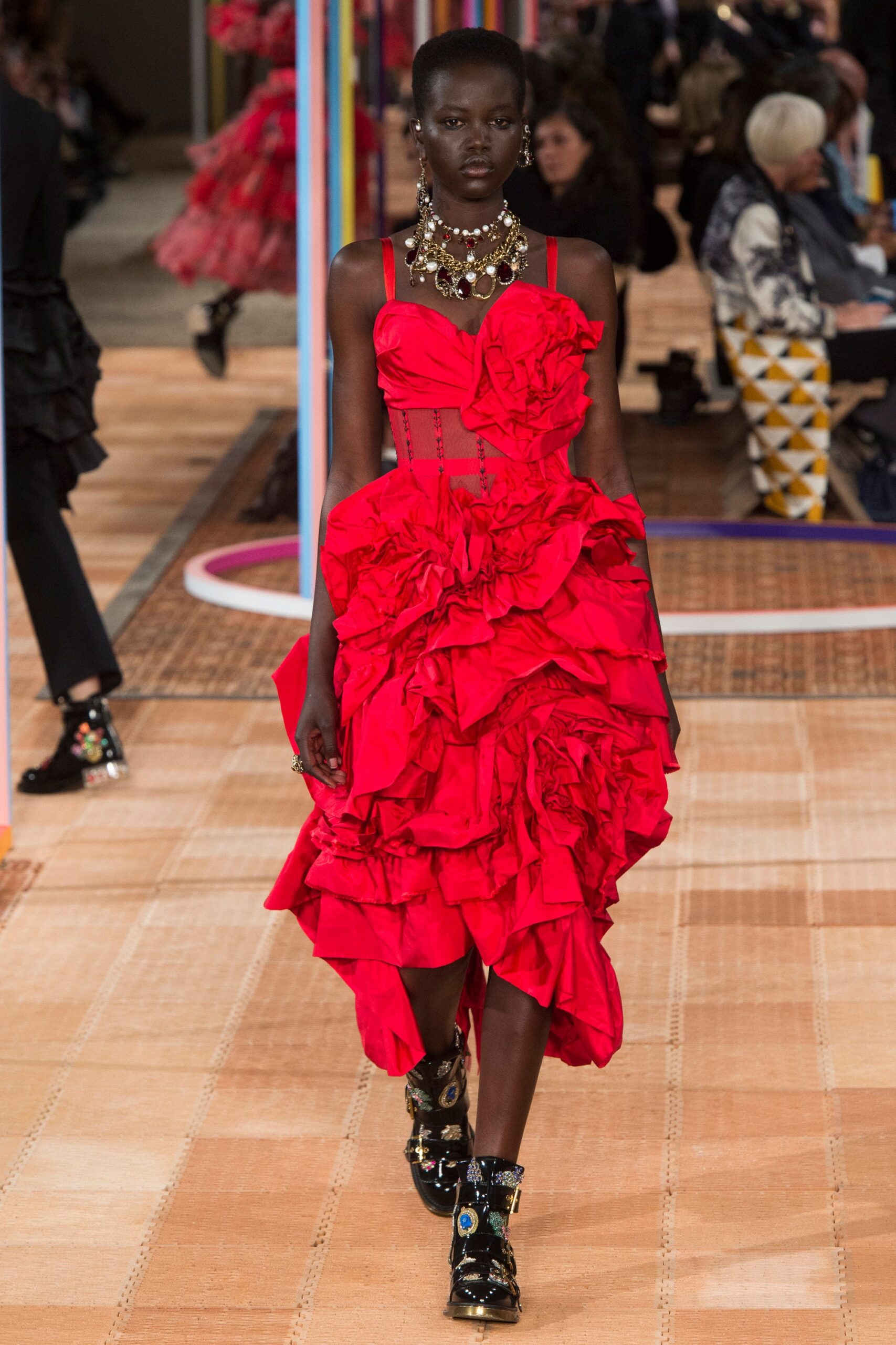 red ruffled midi dress