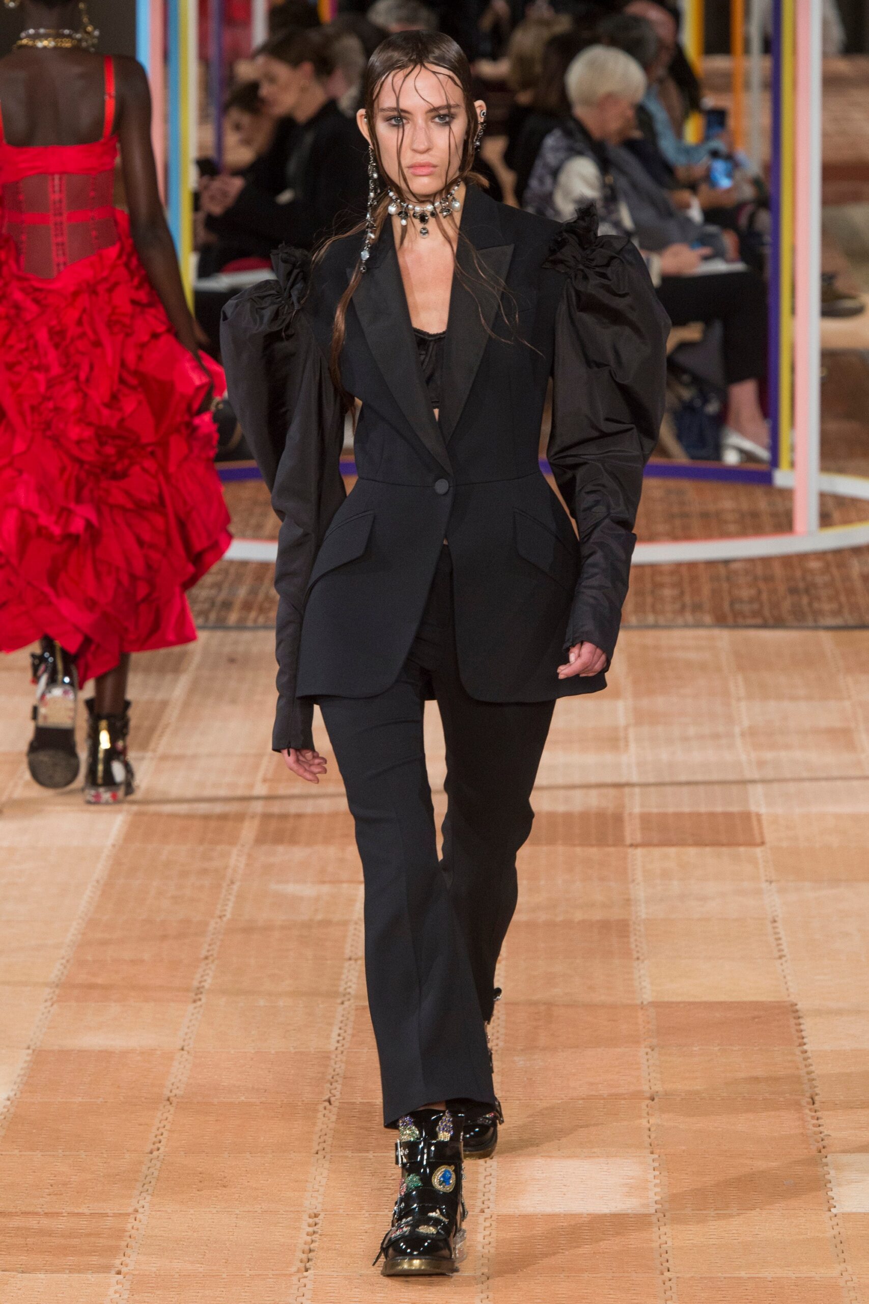 fitted black wool suit