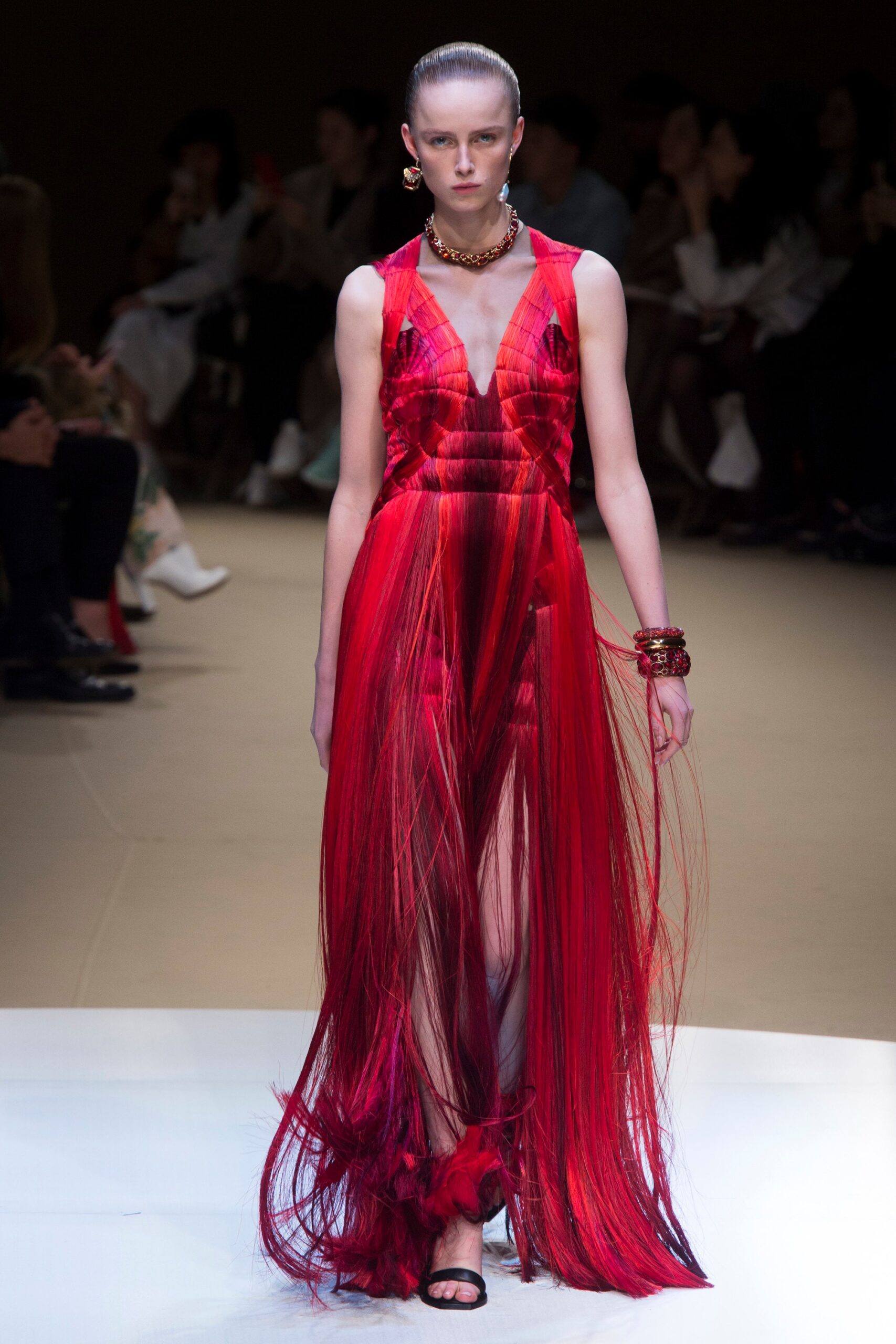 red silk sleeveless gown