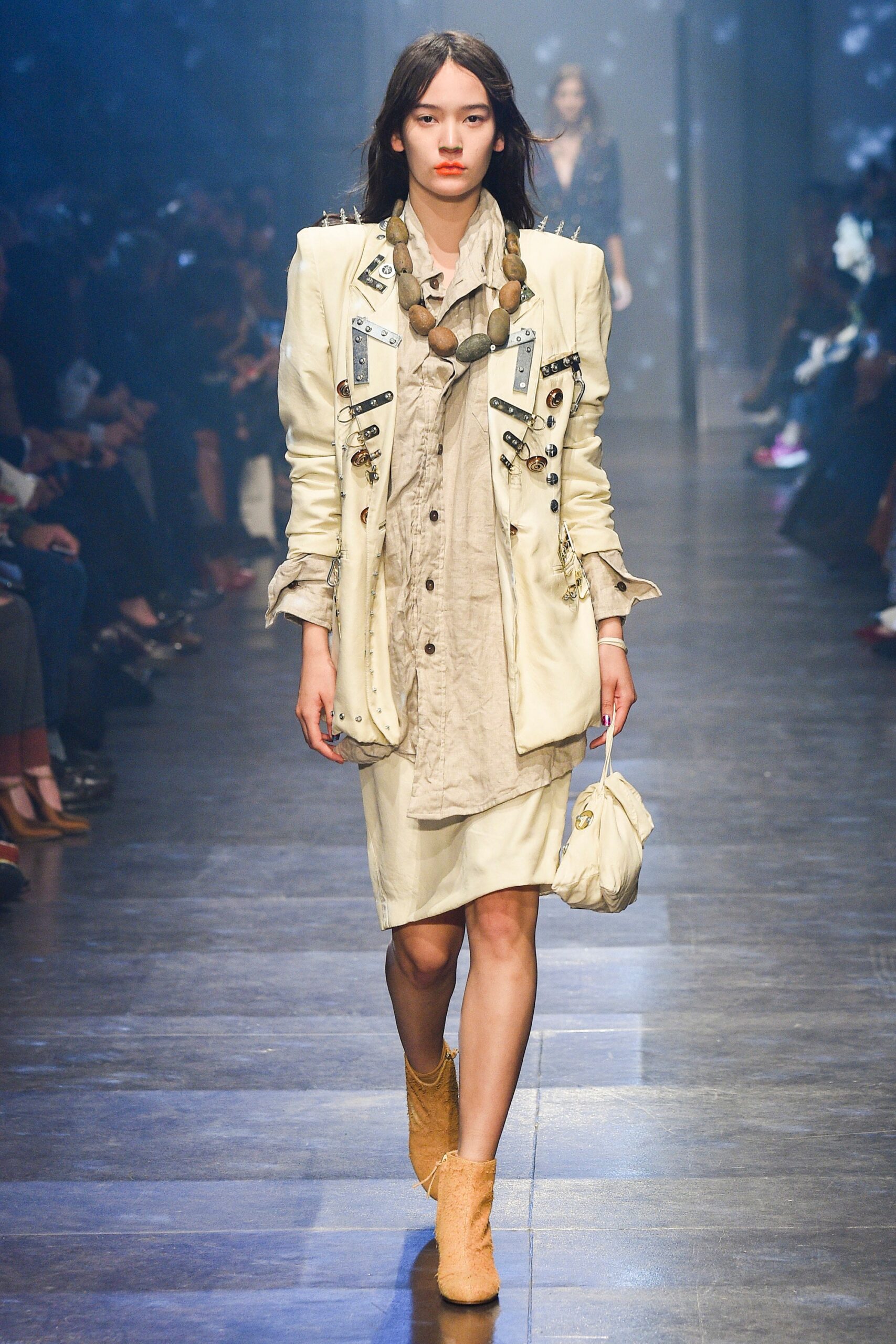 beige cotton midi dress with oversized jacket