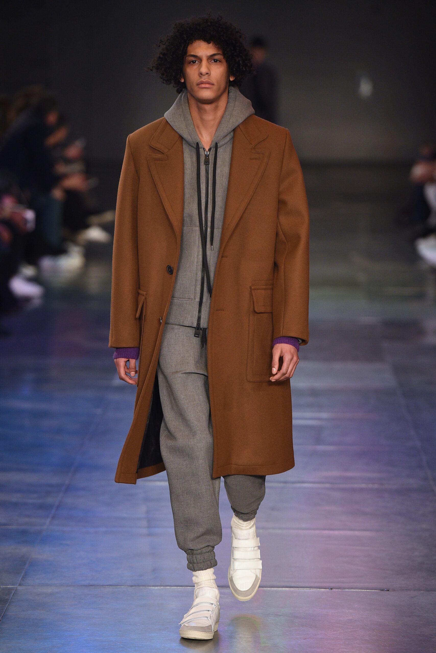 brown wool coat with gray hoodie
