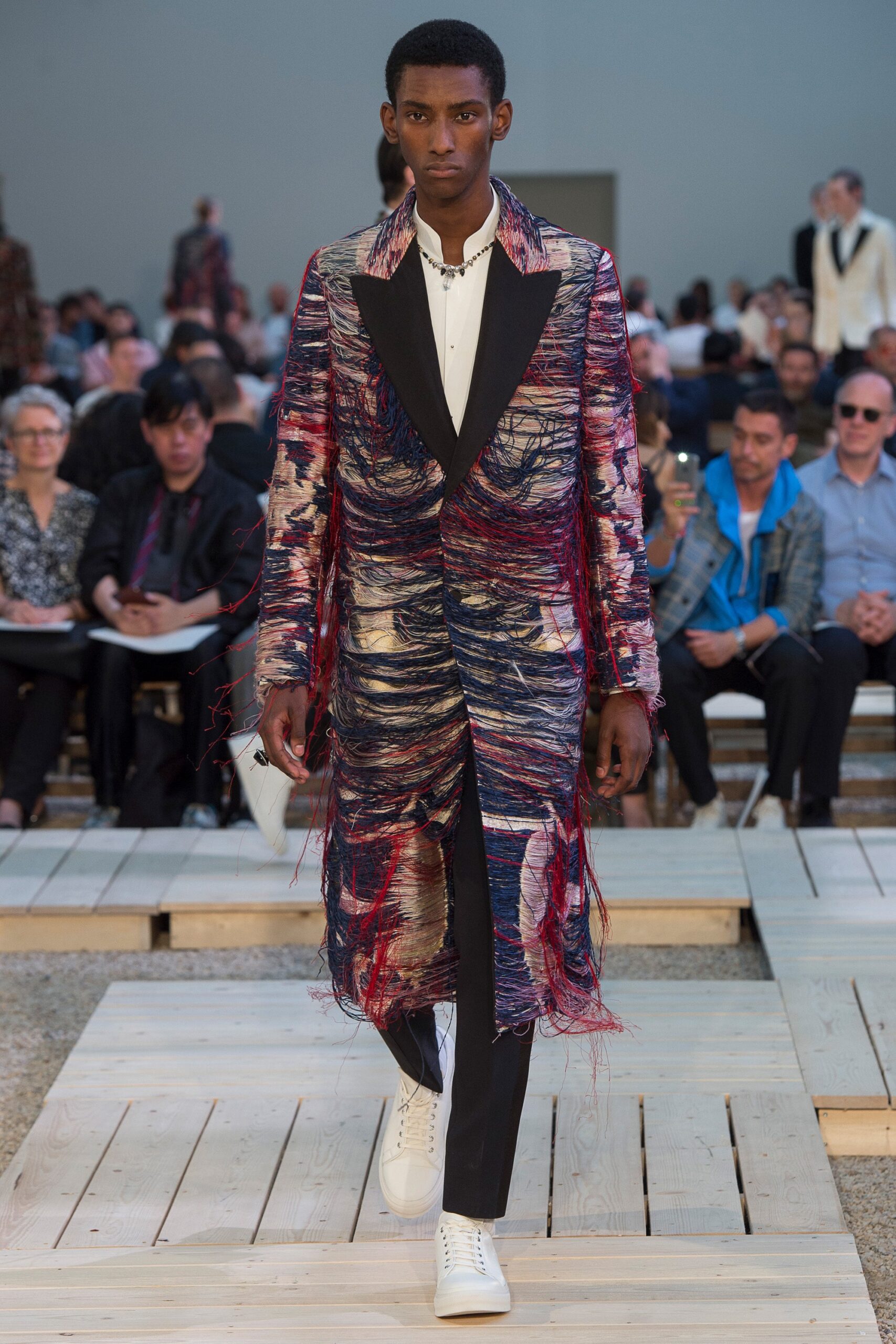 multi silk long-sleeve collared fitted fringed layered coat