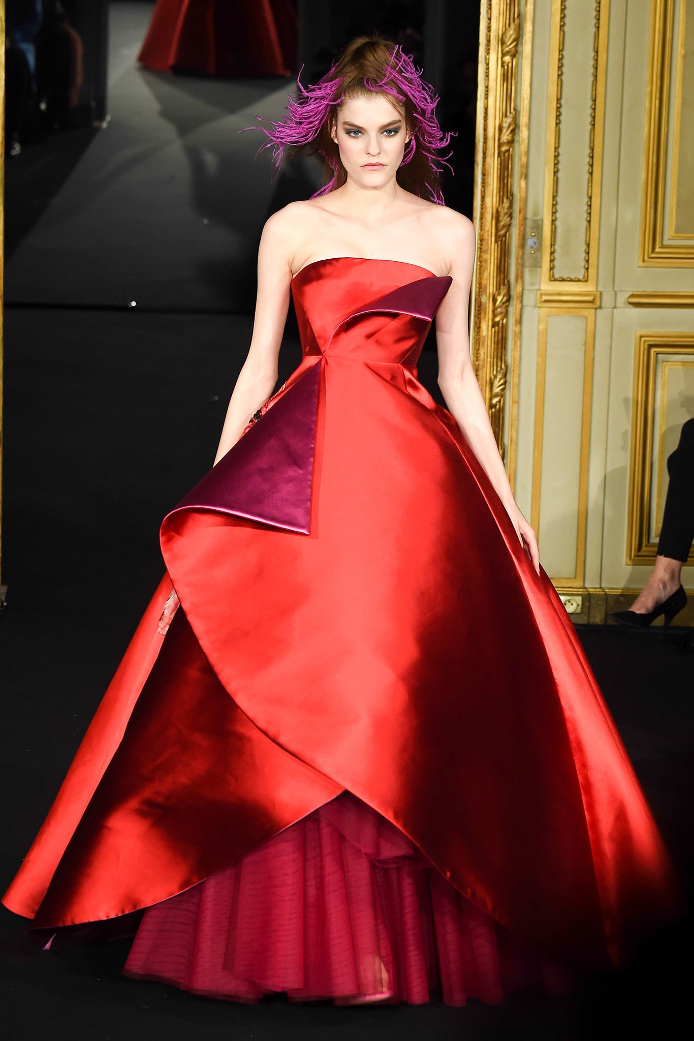 red silk strapless gown