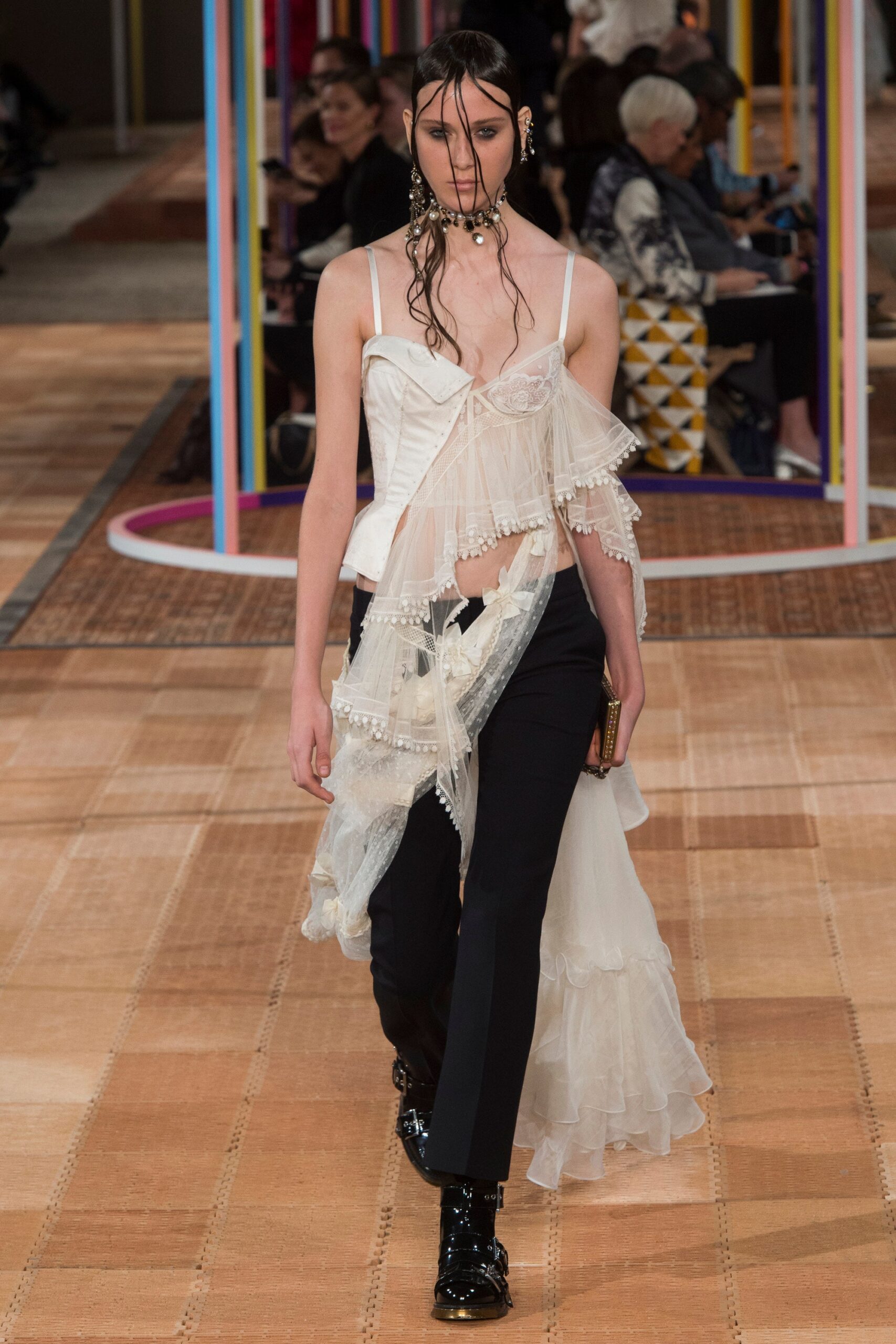 white draped top and black pants