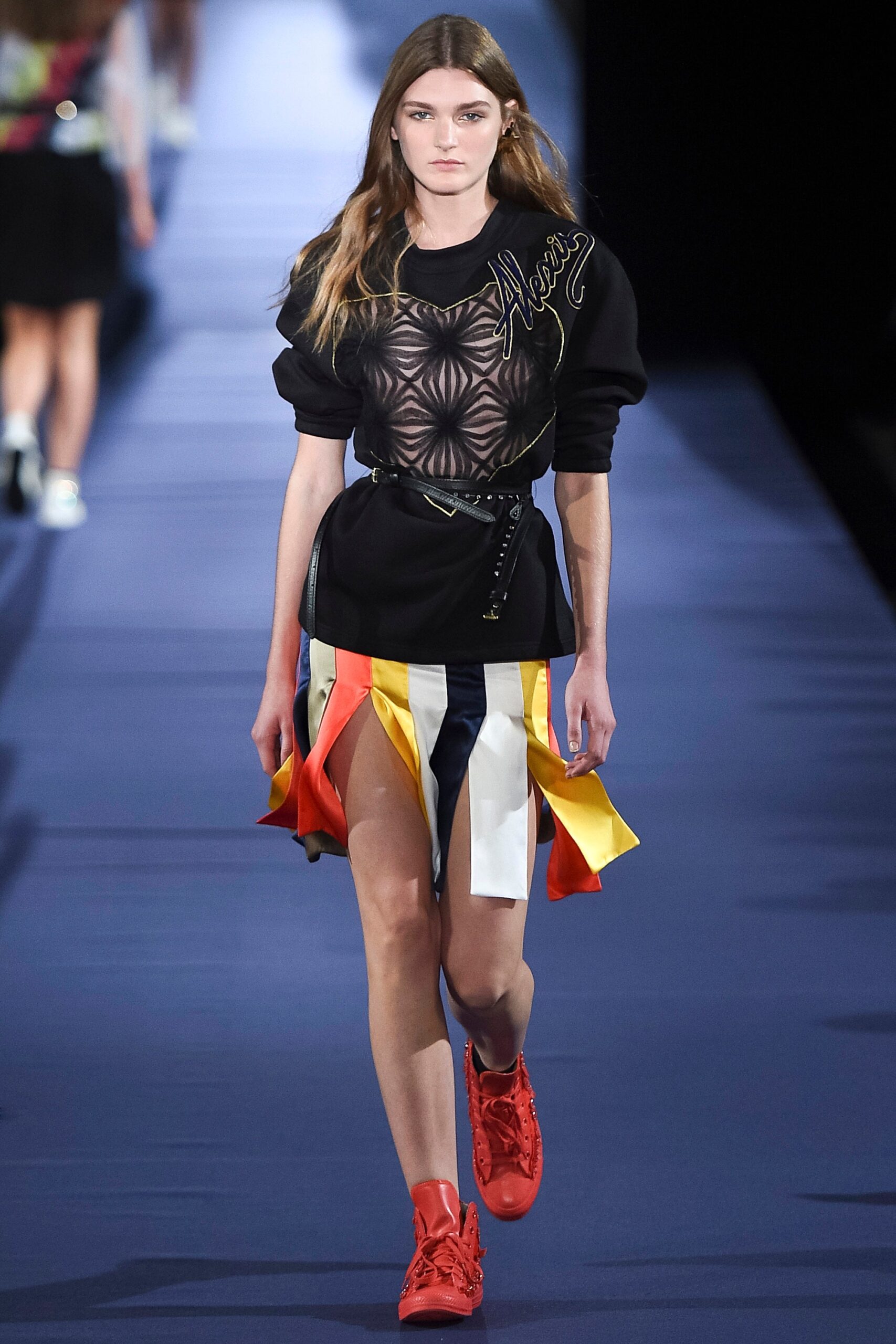 black fitted top with multi skirt