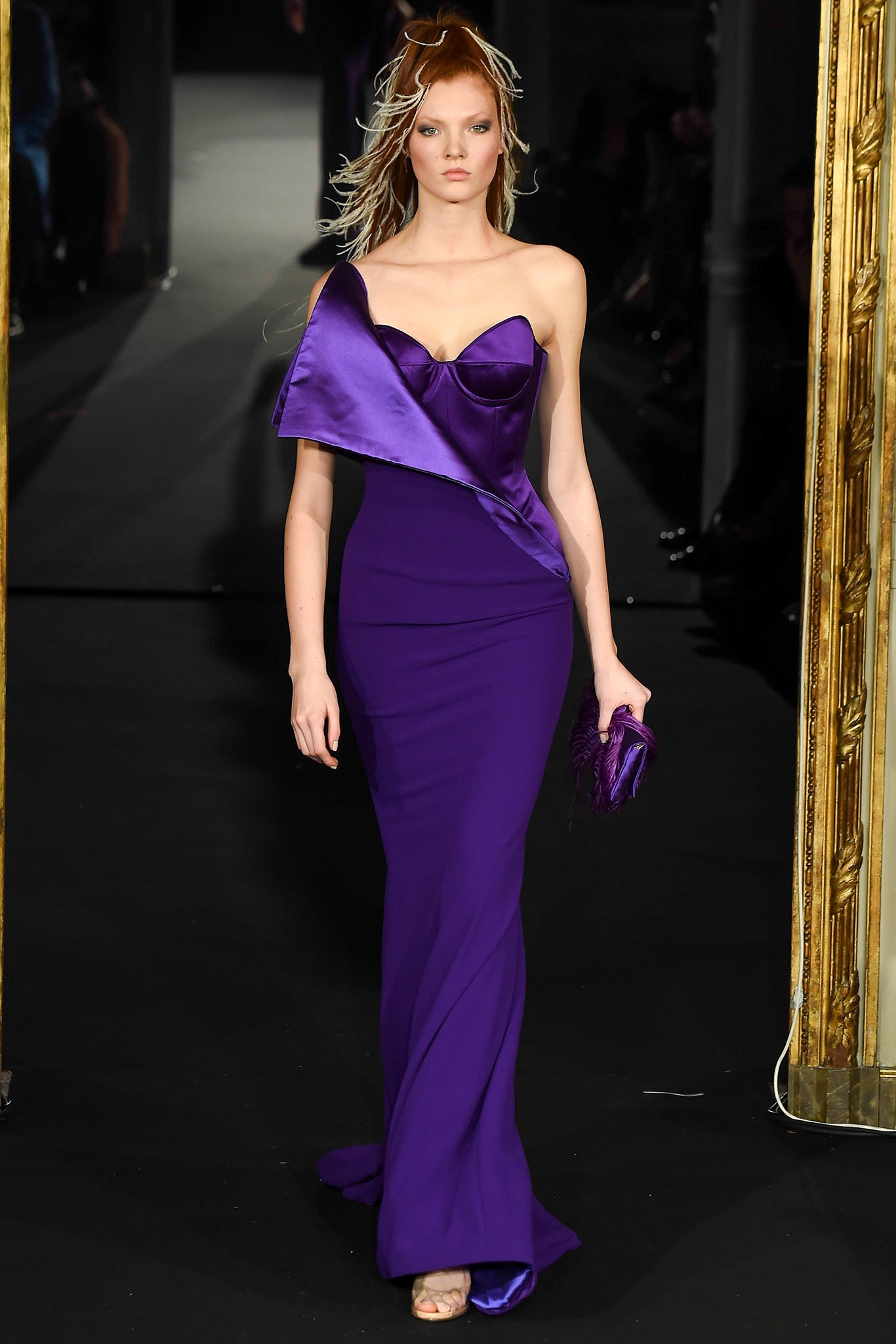 purple silk strapless gown