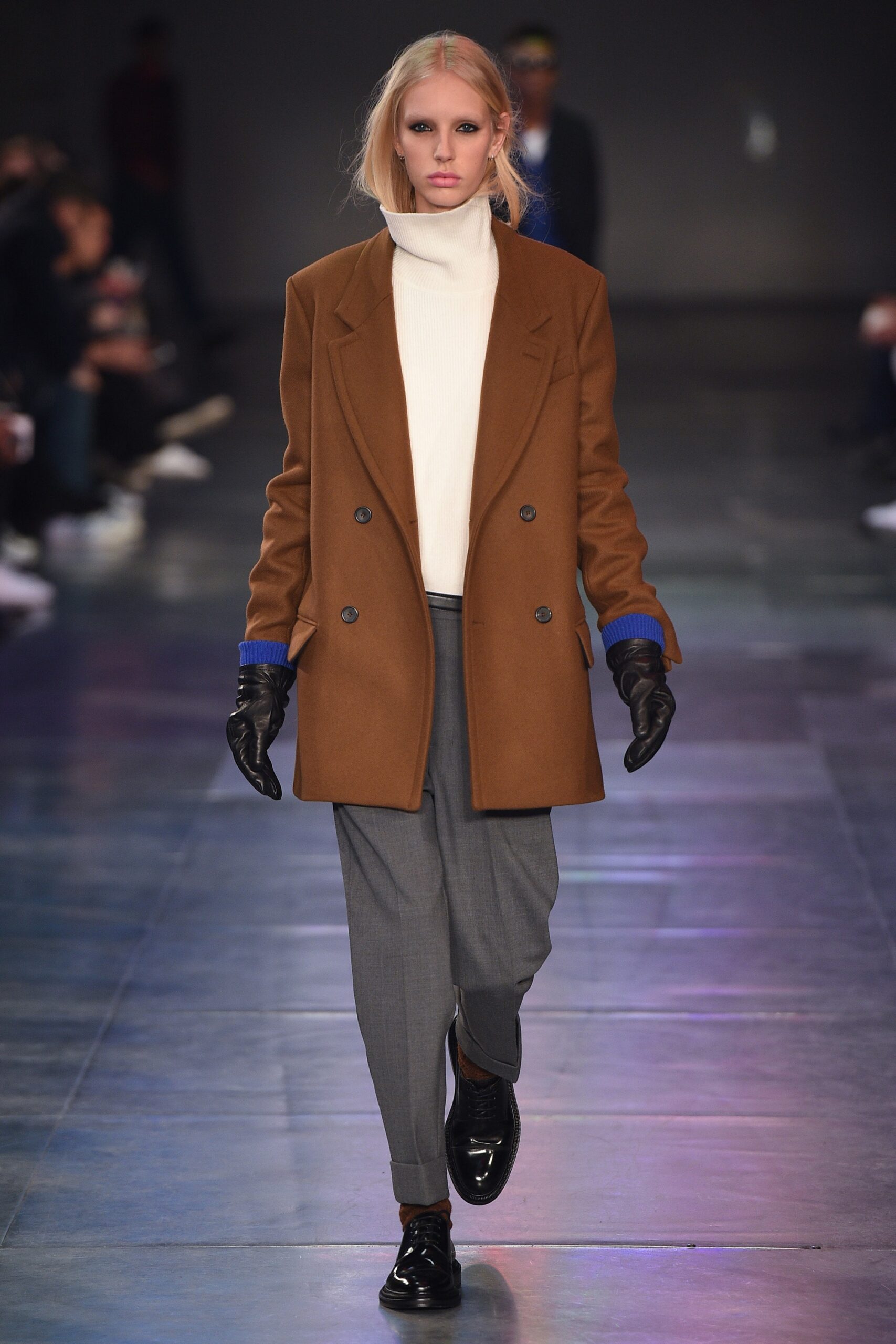 brown tailored blazer with white turtleneck