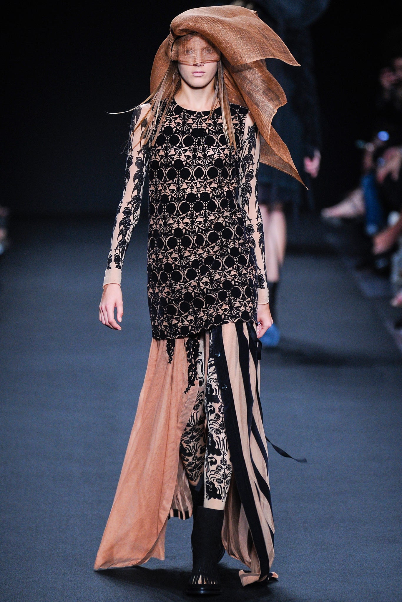 black silk long-sleeve v-neck fitted layered embroidered dress