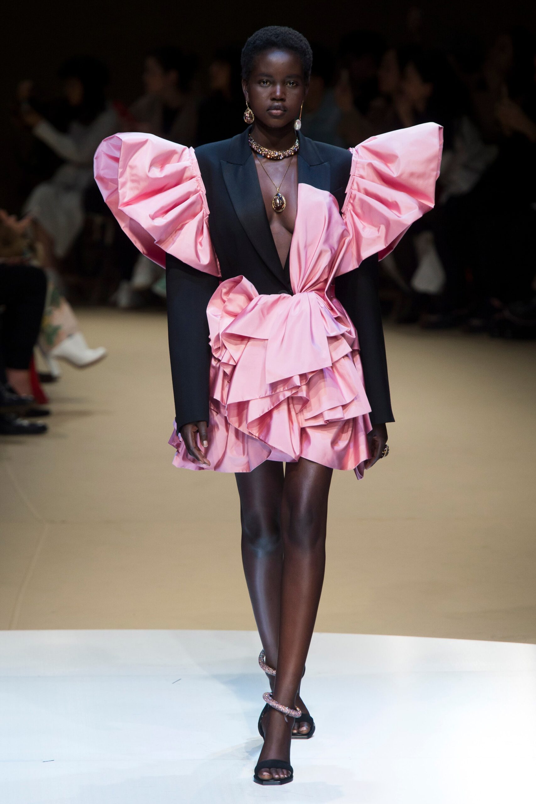pink ruffled mini dress