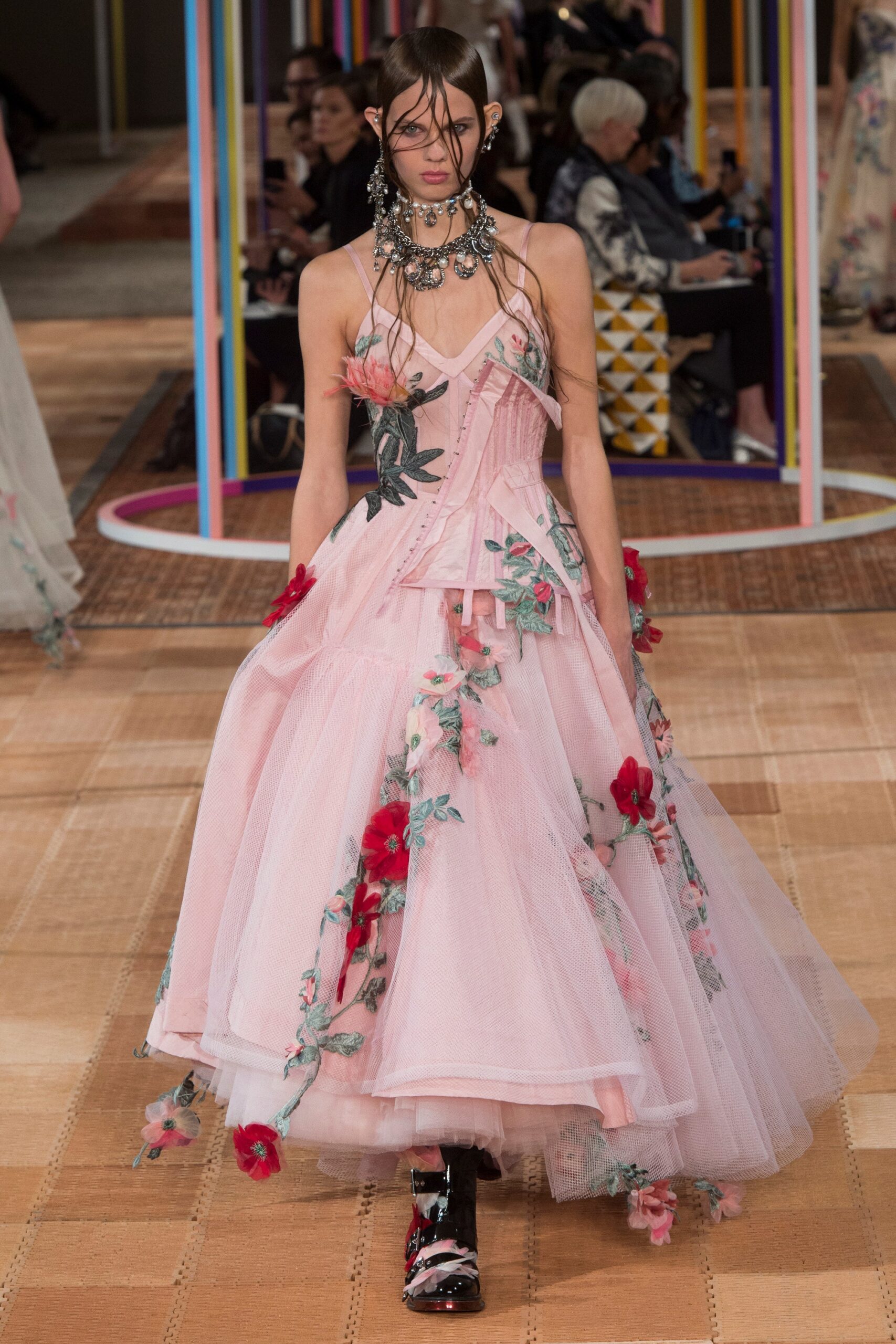 pink embroidered tulle gown