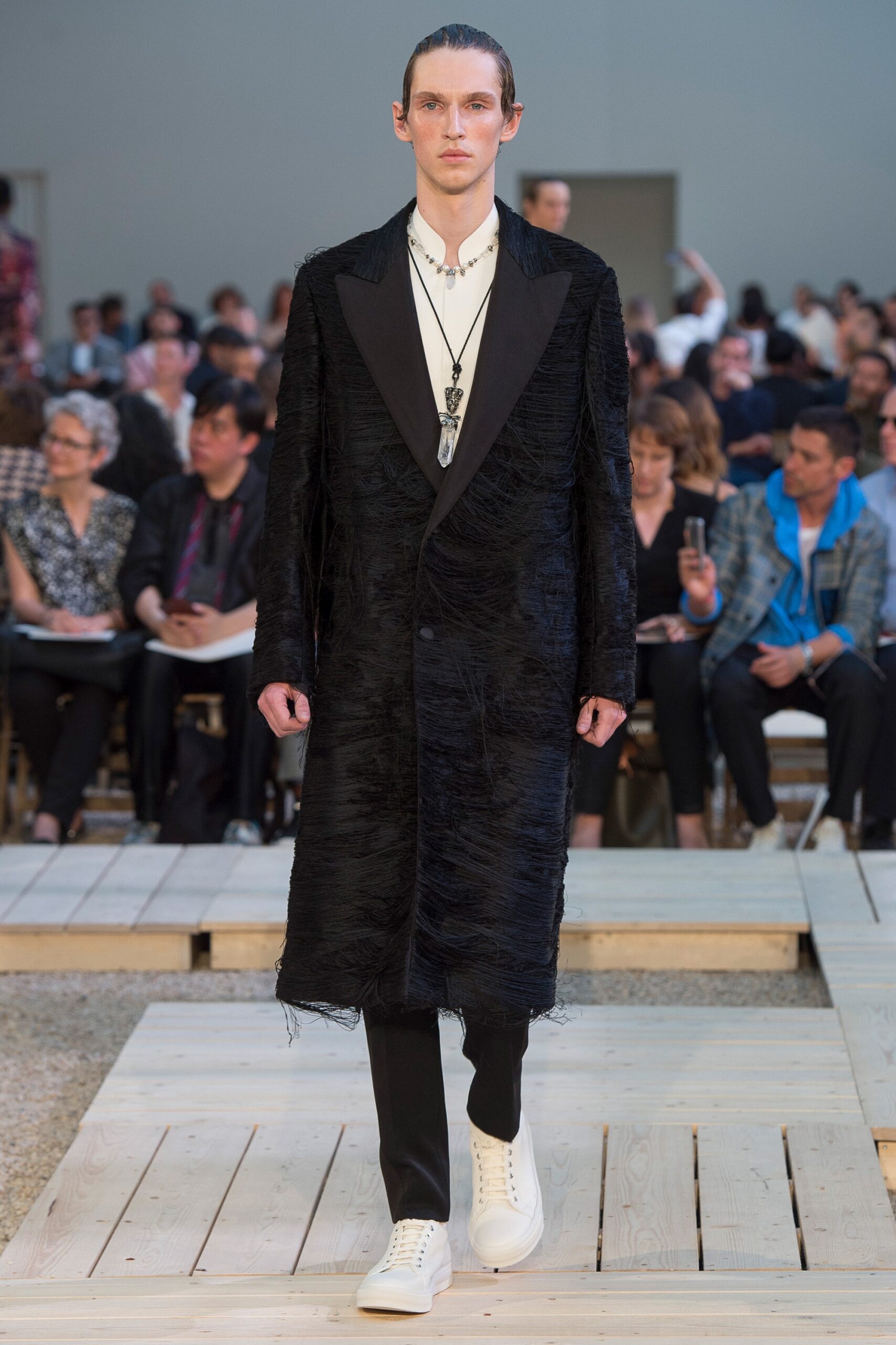 black silk long-sleeve collared fitted layered fringed coat