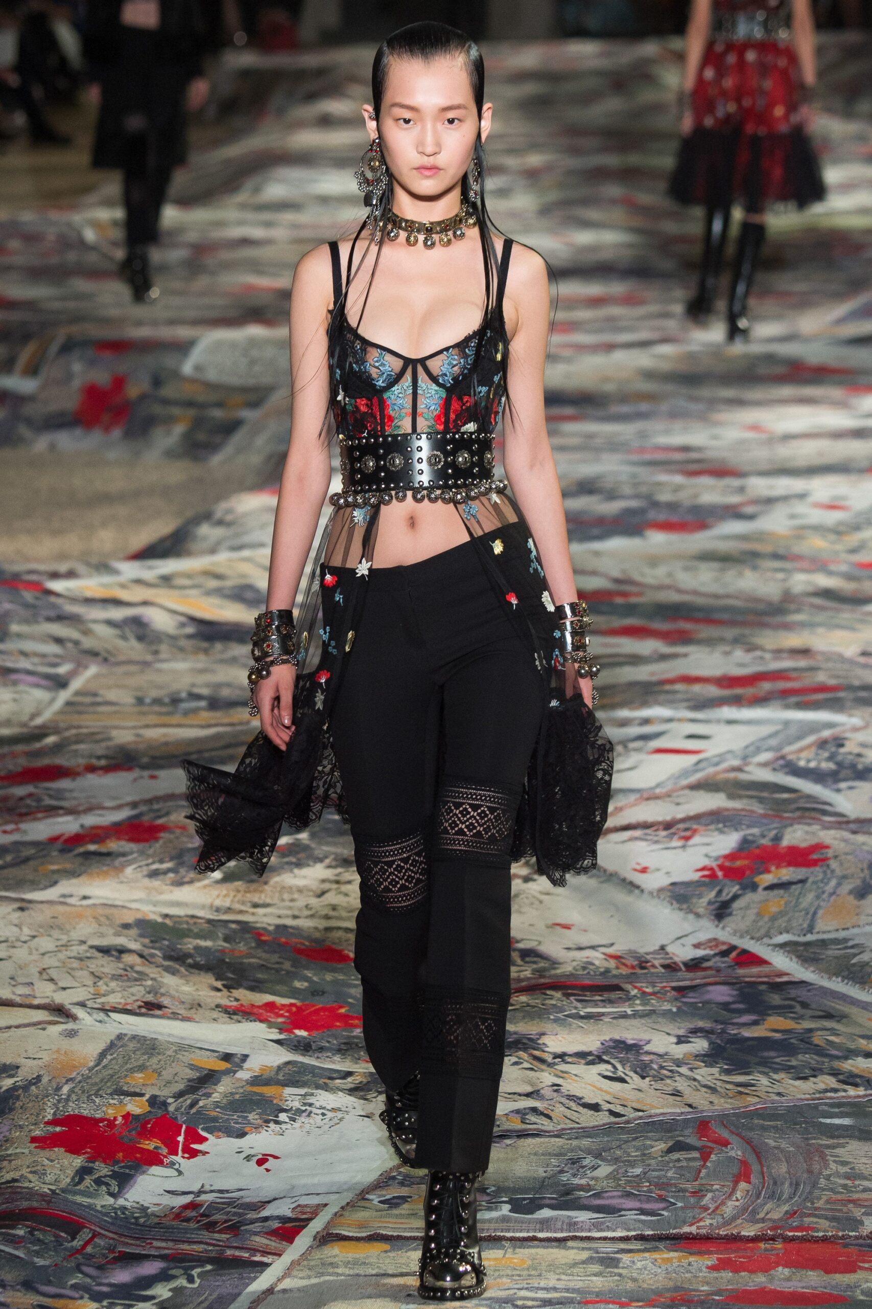 black fitted embroidered top and pants