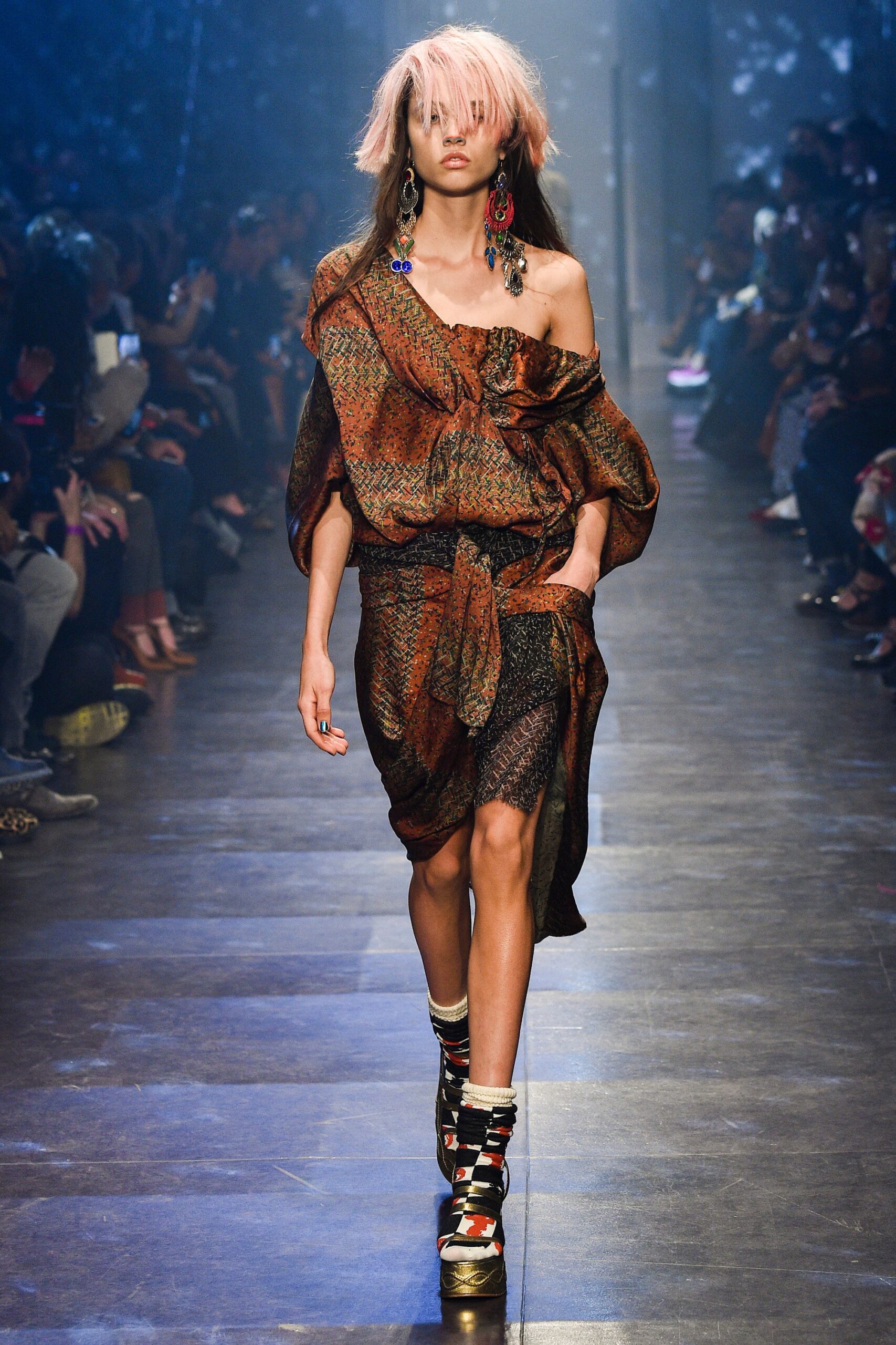 brown orange off-shoulder dress