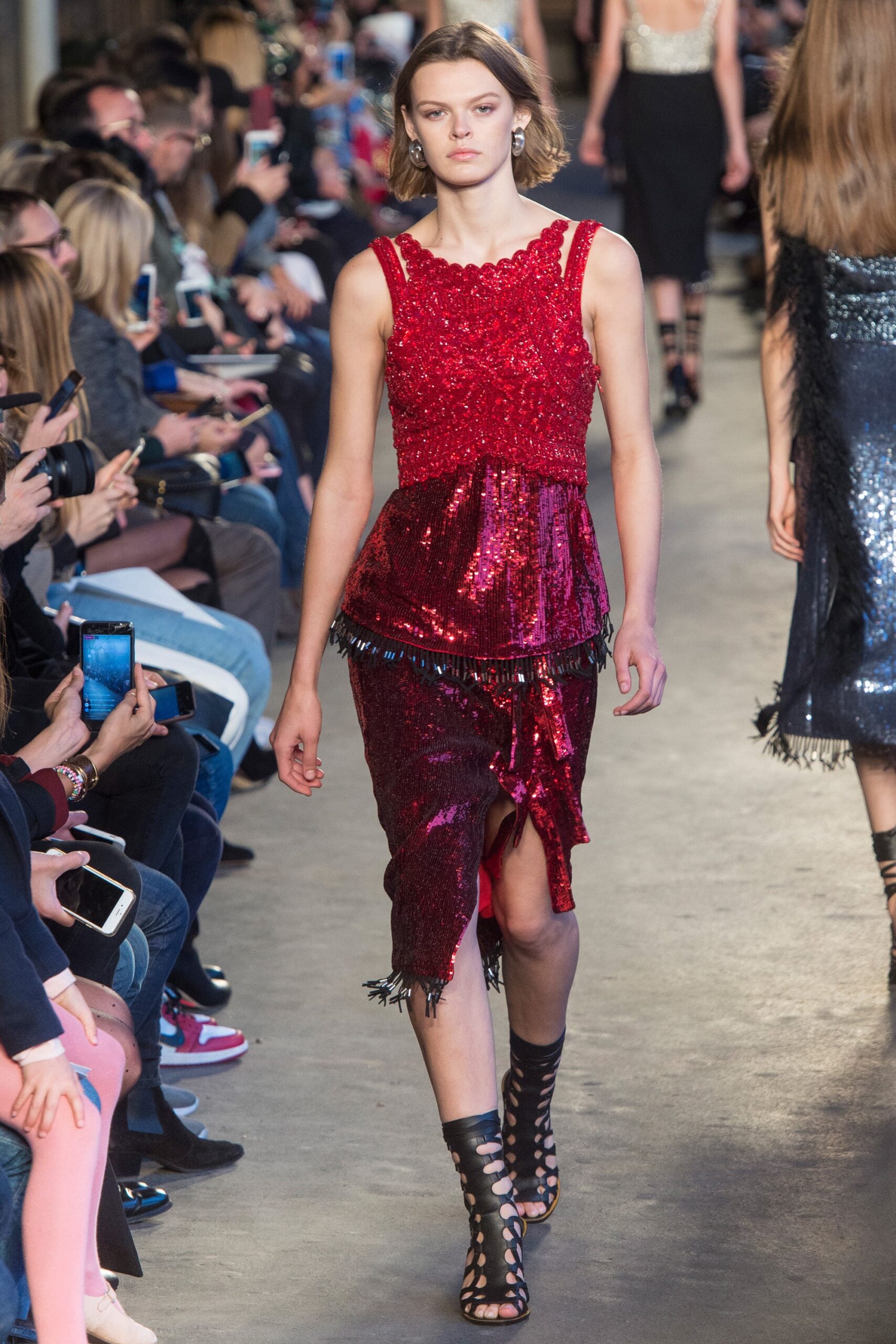 fitted red sequin midi dress