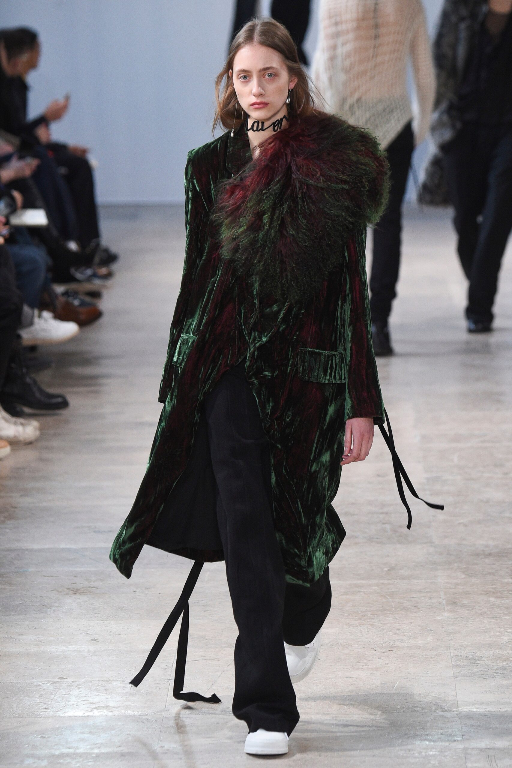 green velvet long-sleeve relaxed draped coat