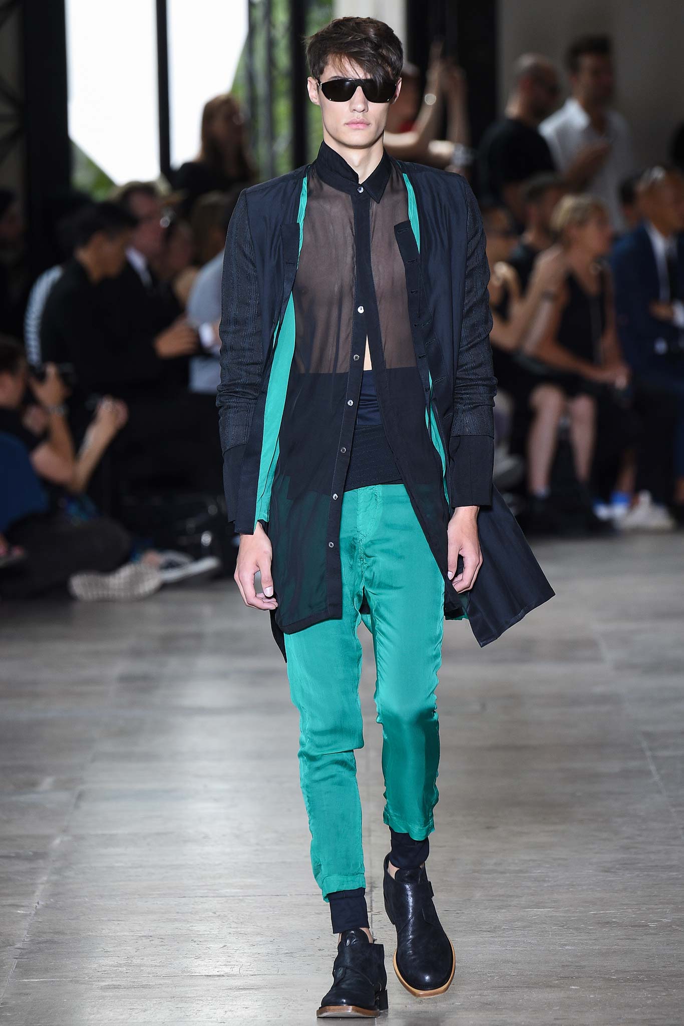 black shirt green pants outfit