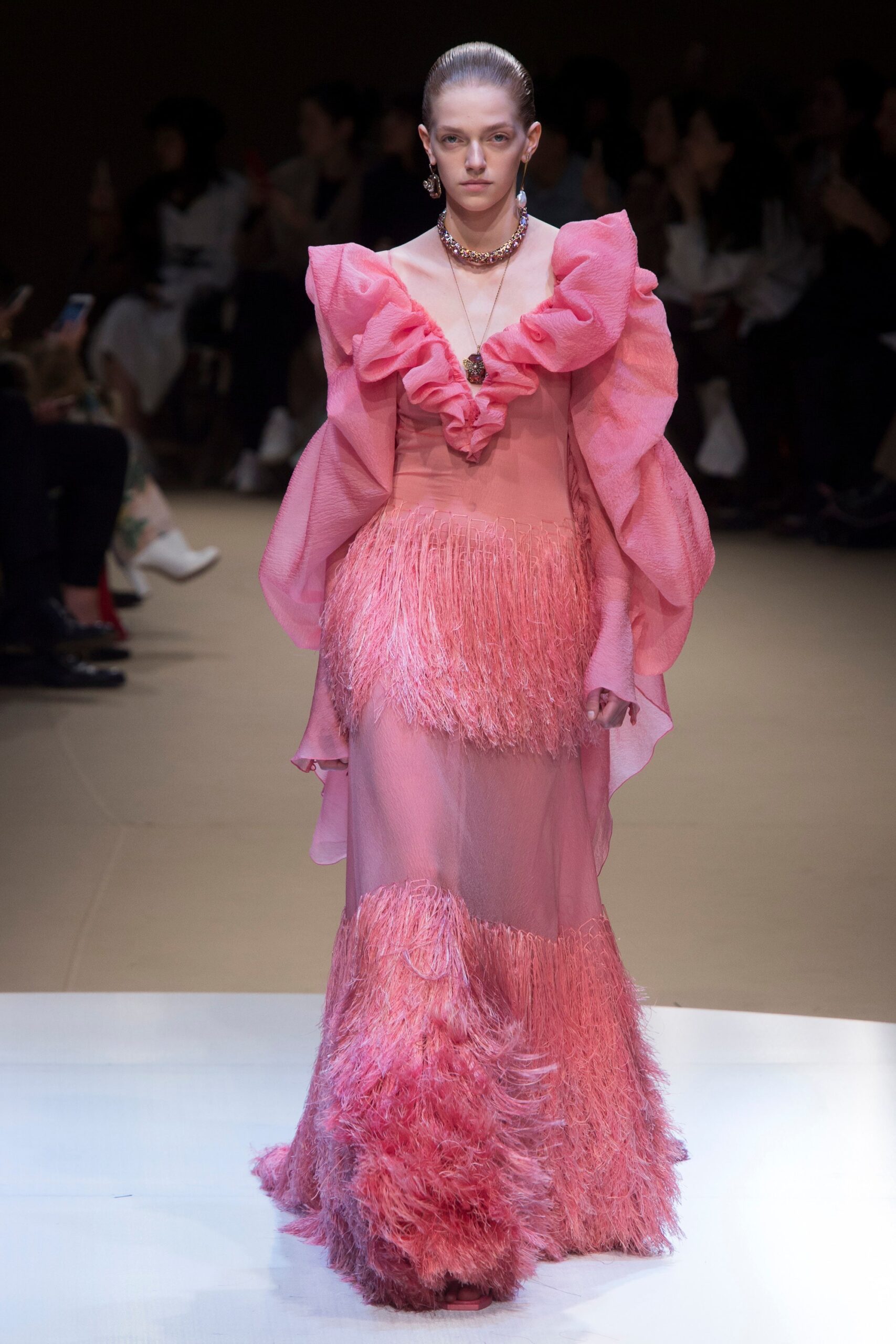 pink silk ruffled gown
