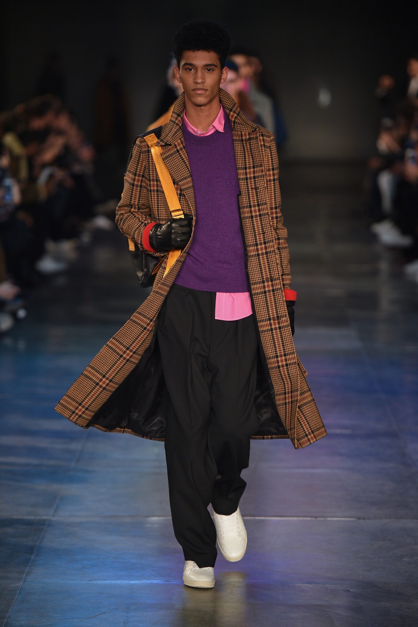 brown checked coat with purple sweater