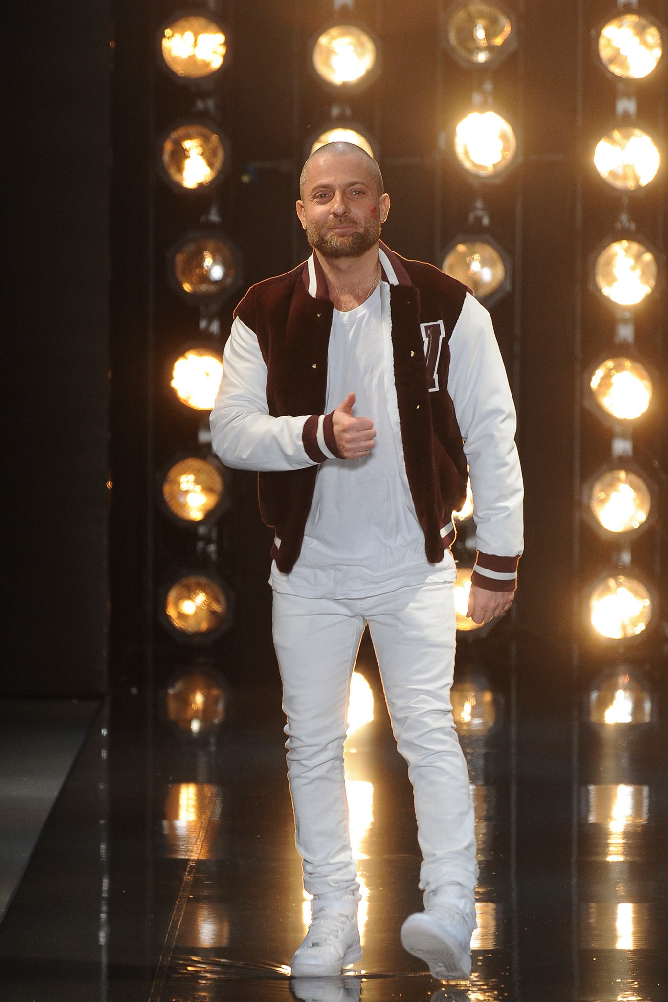 white fitted jacket with red accents
