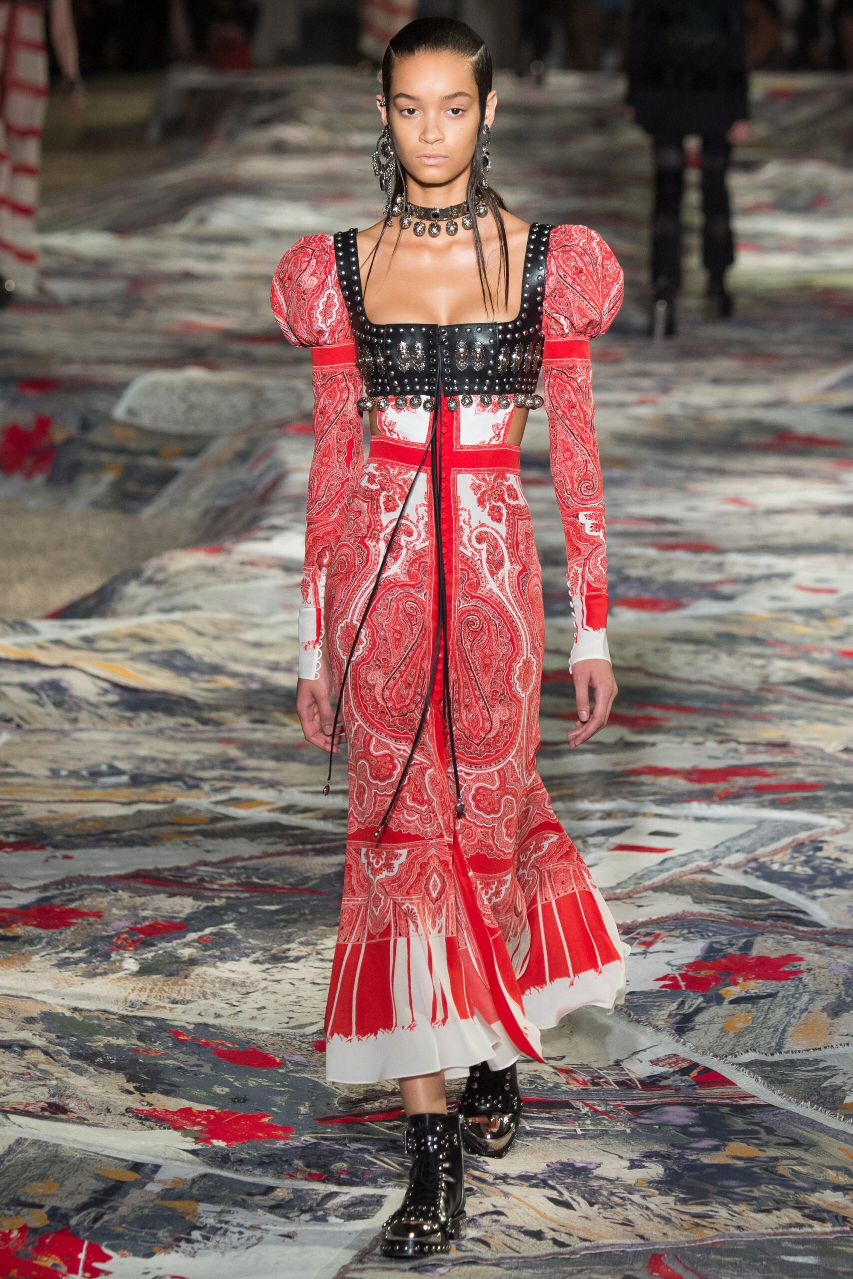 red and white printed midi dress