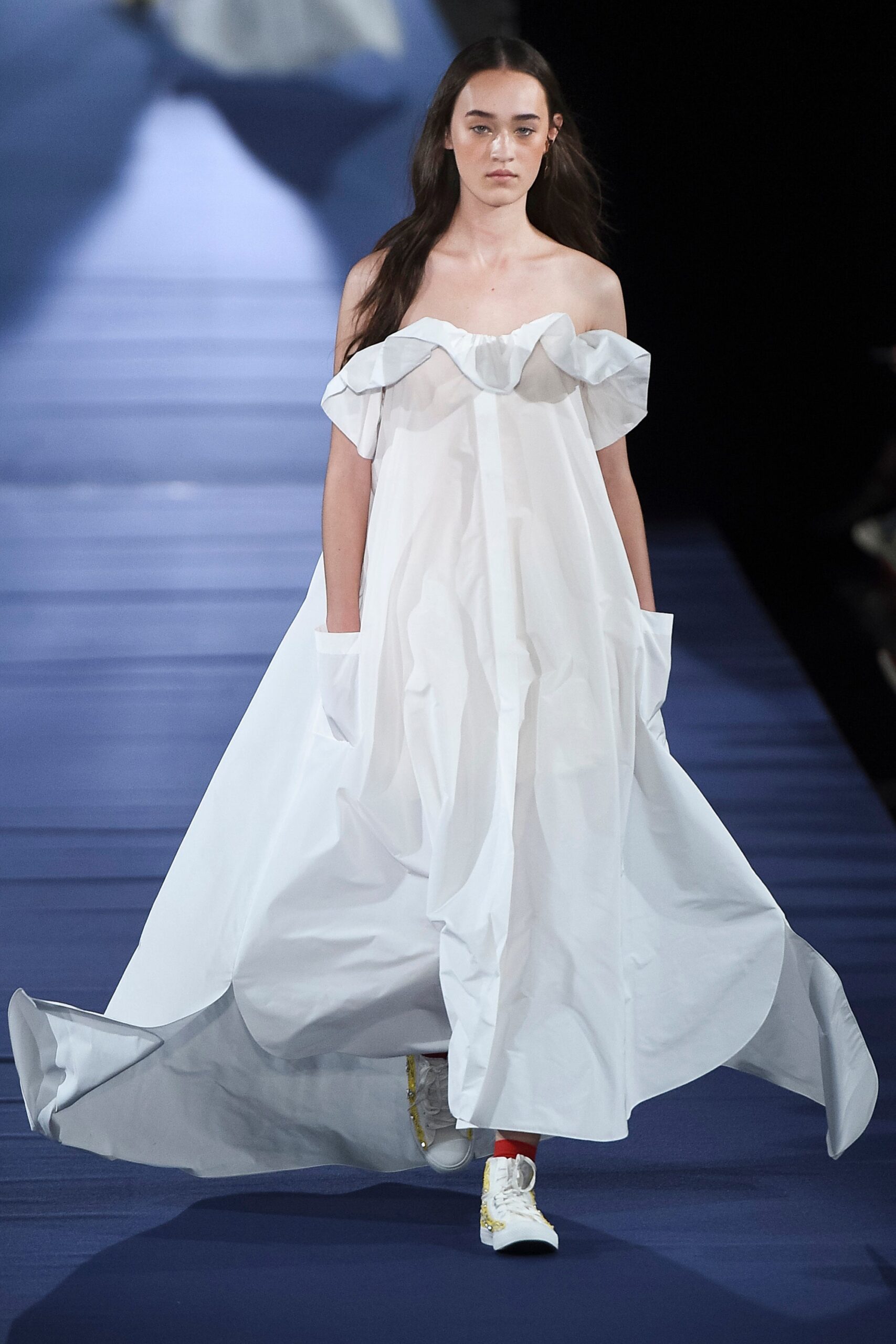 white ruffled off-shoulder maxi dress