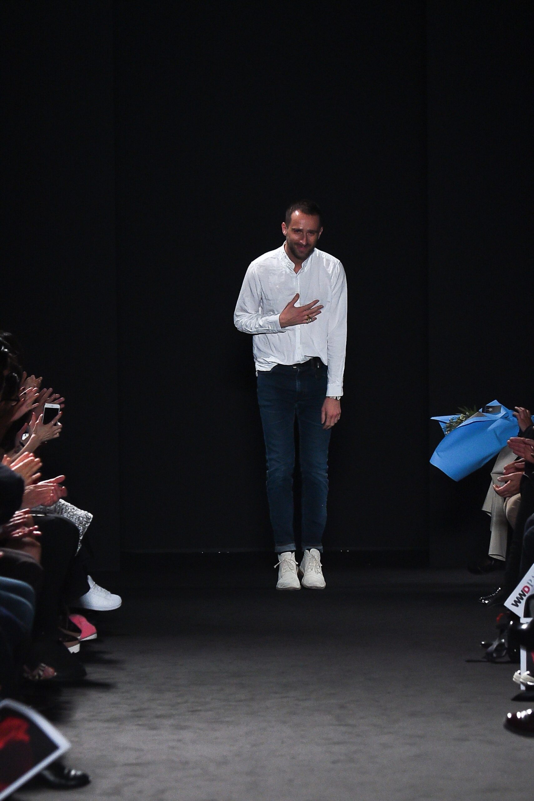blue denim slim straight-leg pants