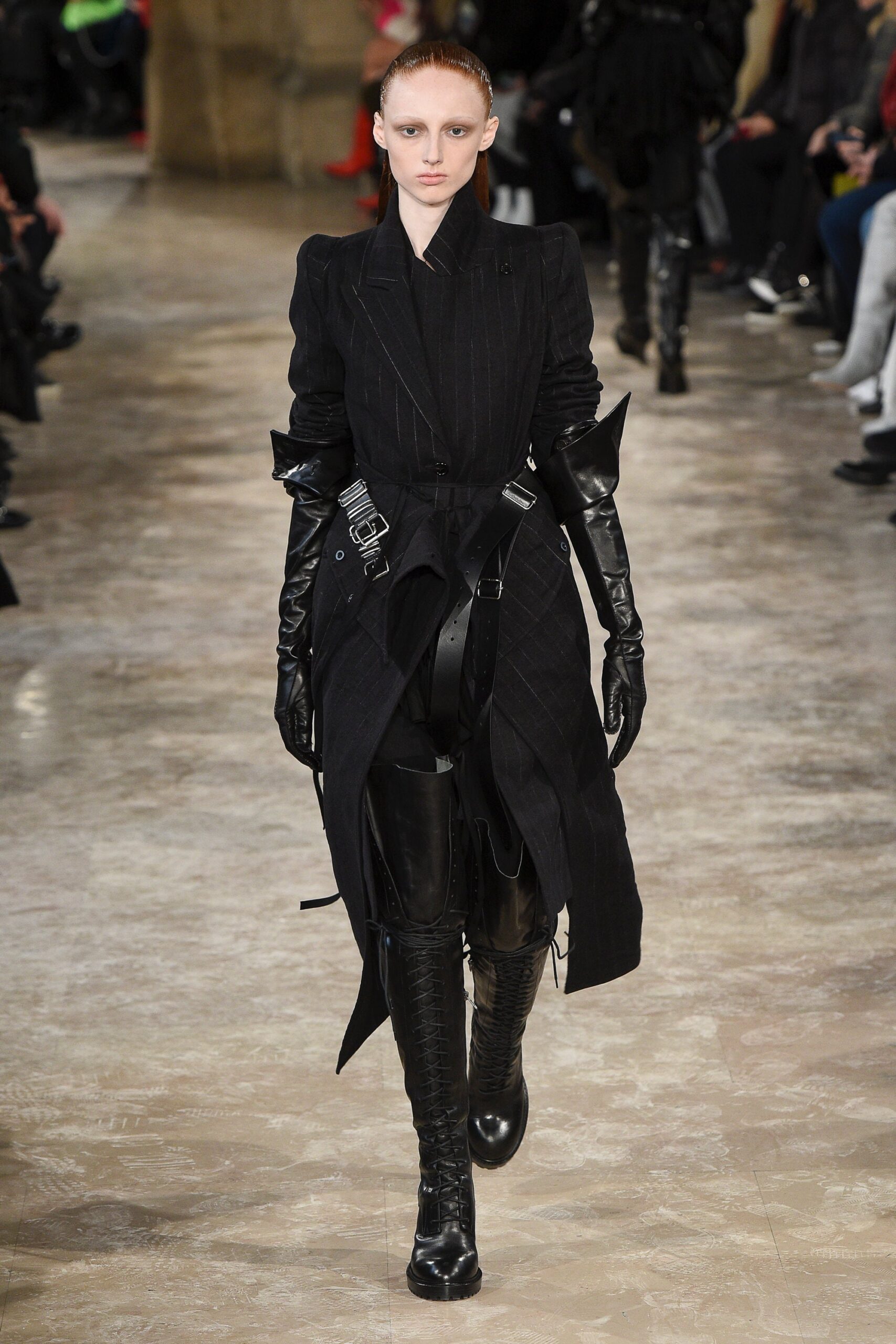 black fitted coat with leather pants