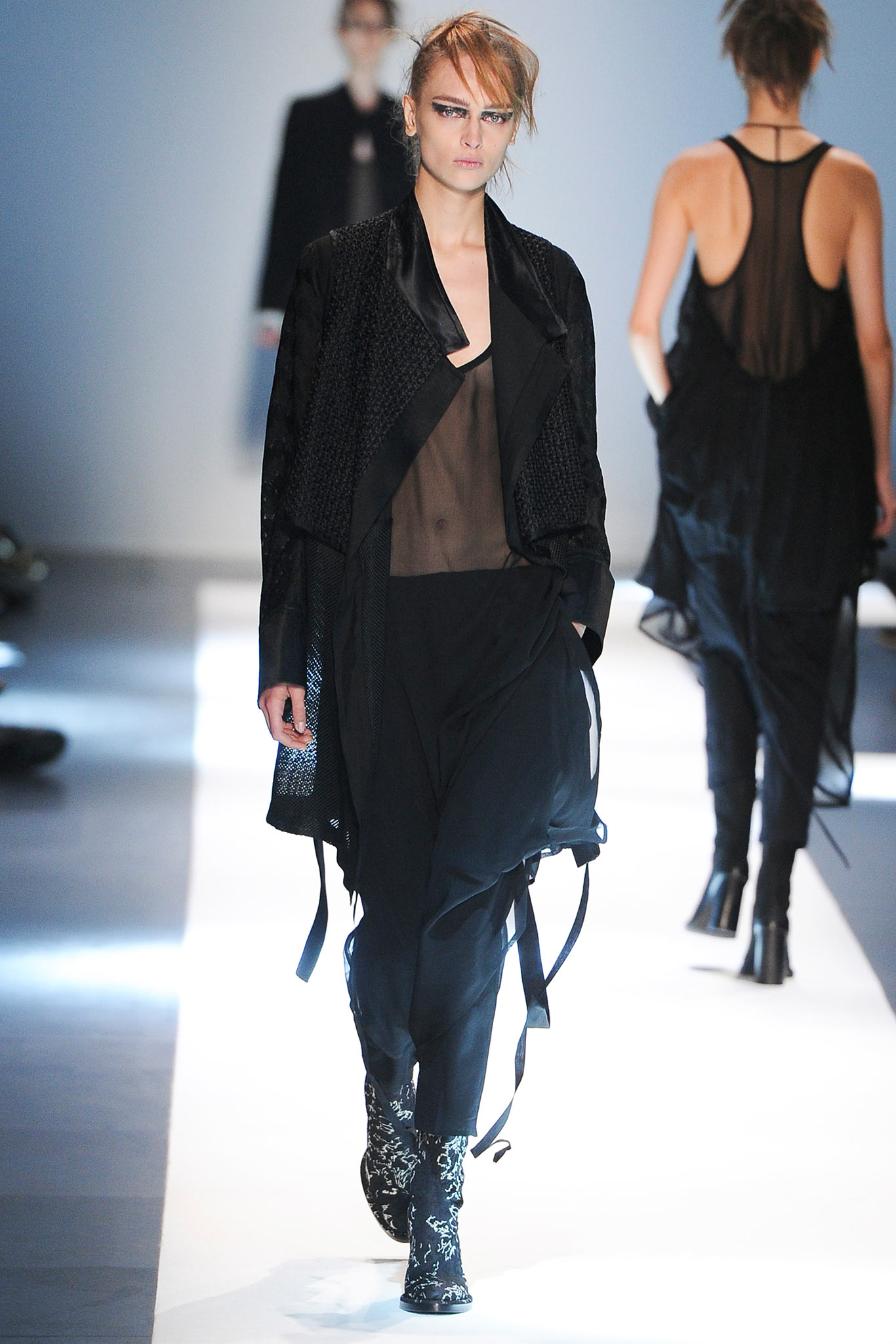 black silk long-sleeve collared relaxed layered sheer jacket