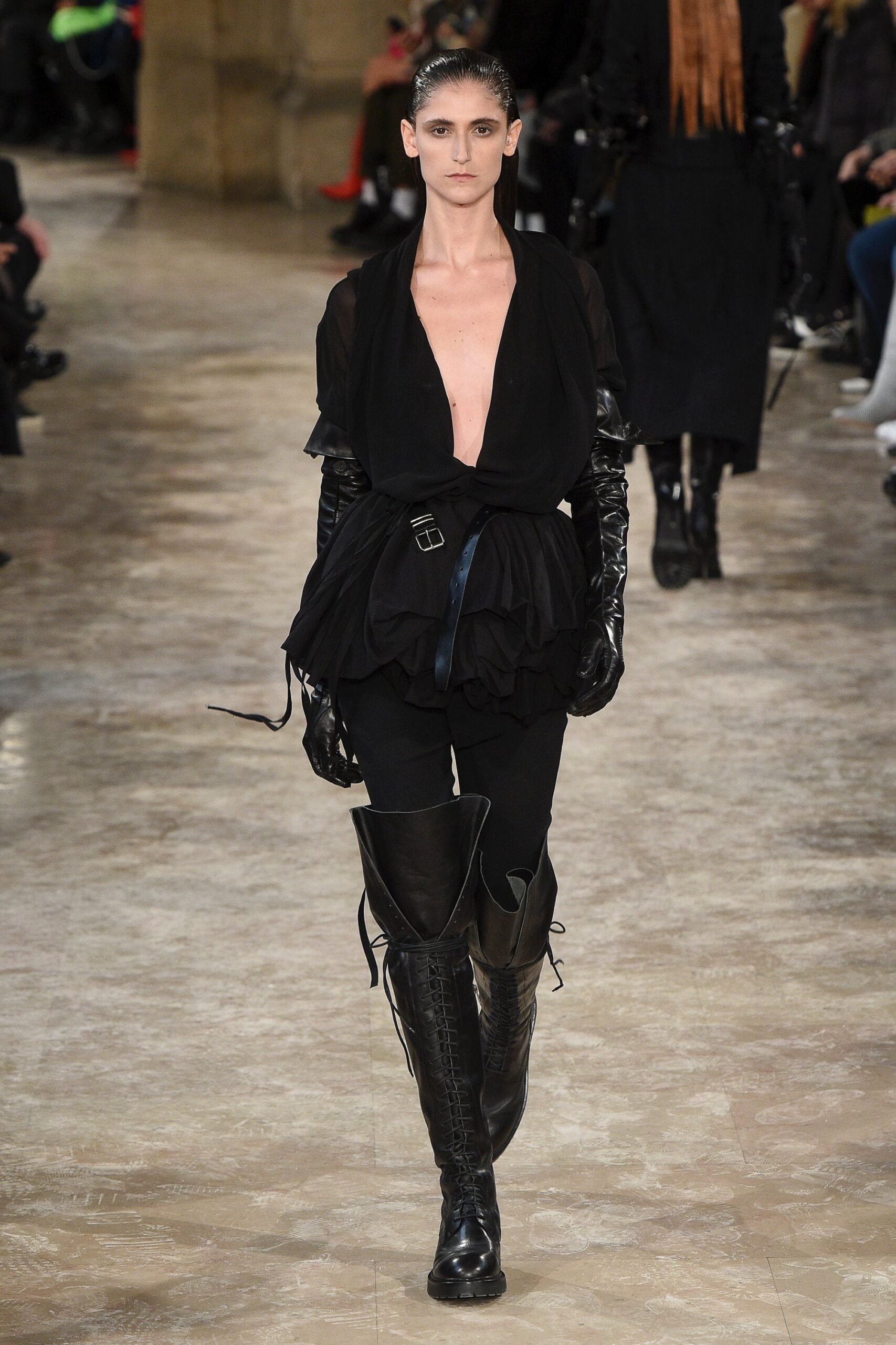 black silk top with slim pants