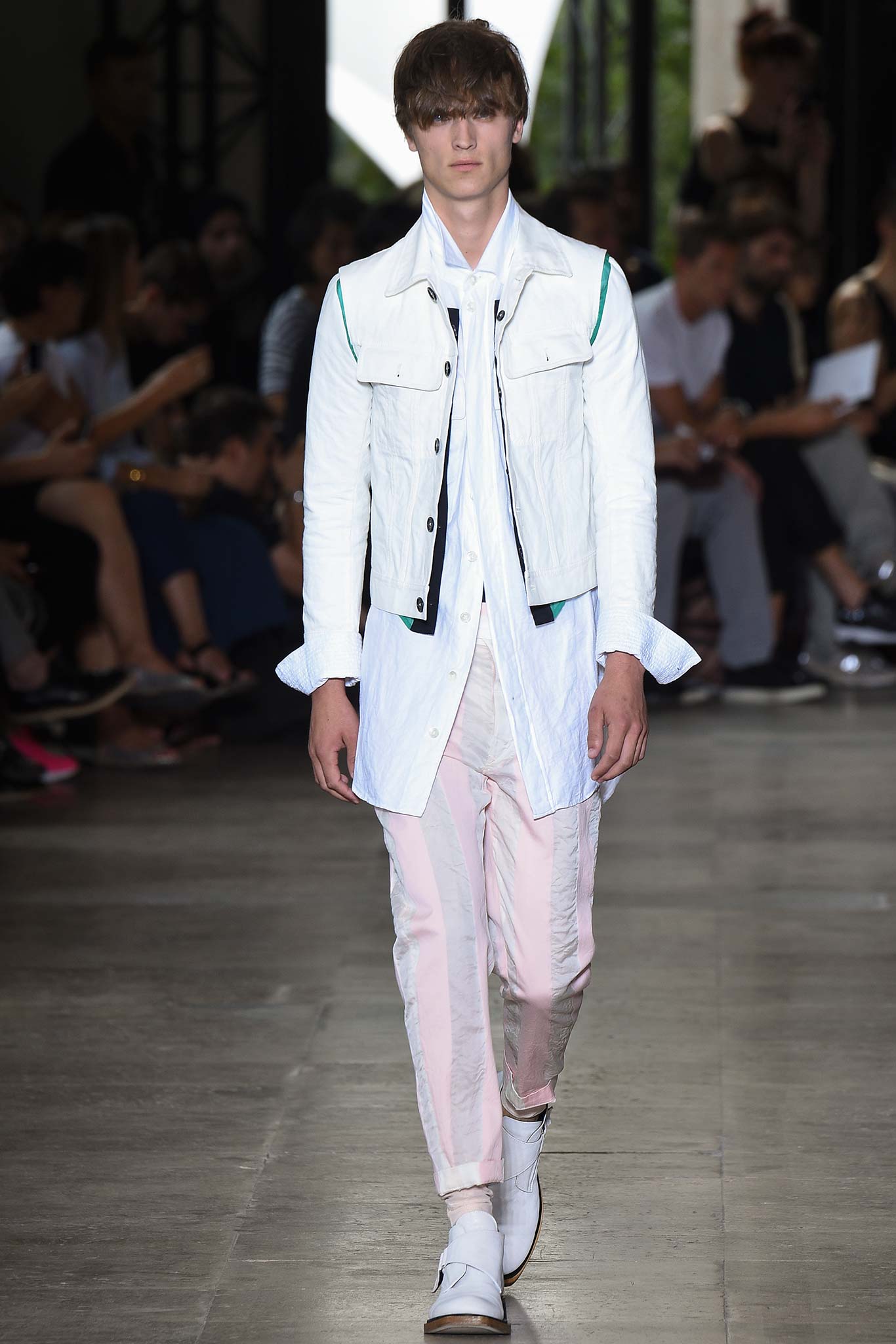 white denim jacket with pink pants