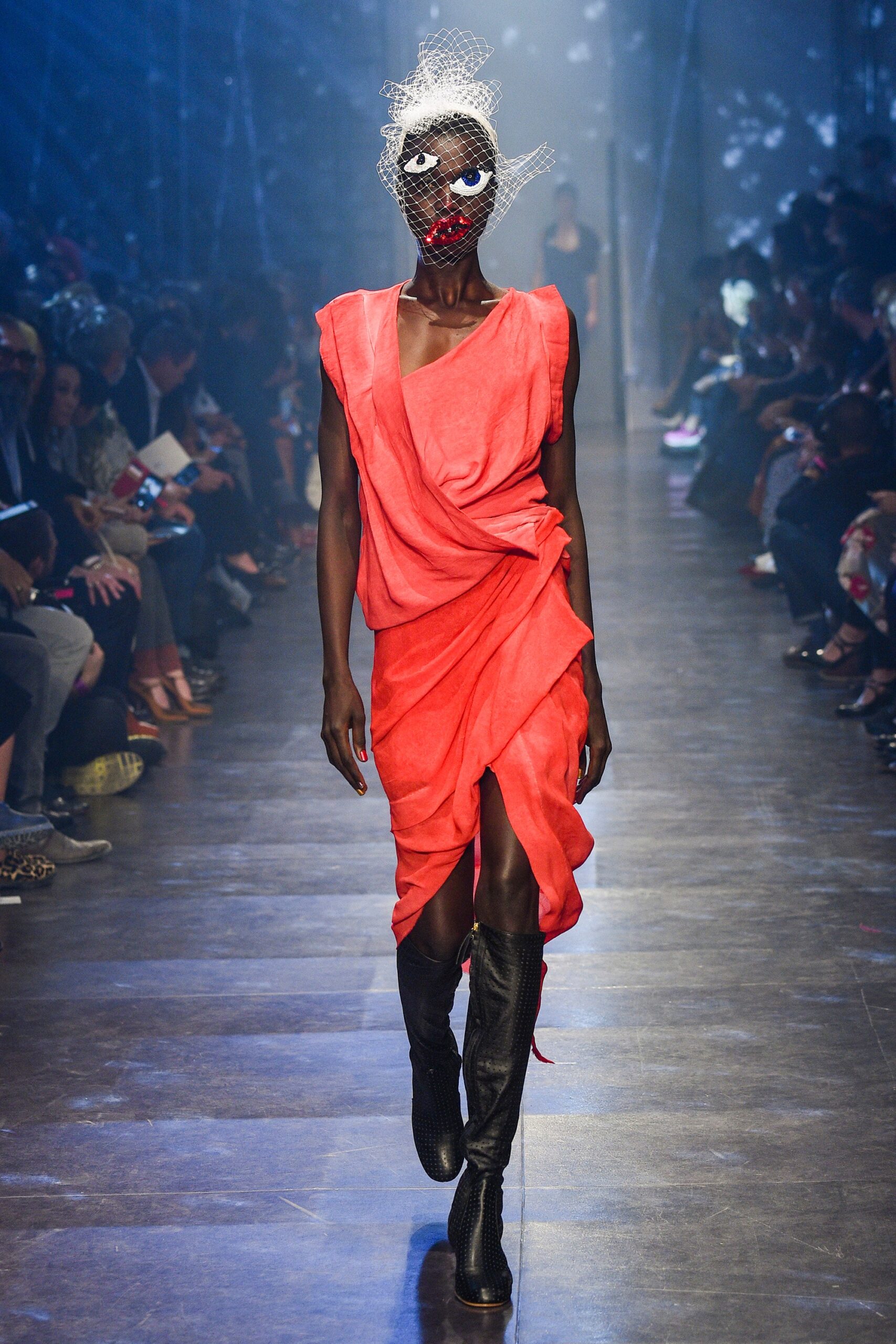 red draped midi dress with black boots