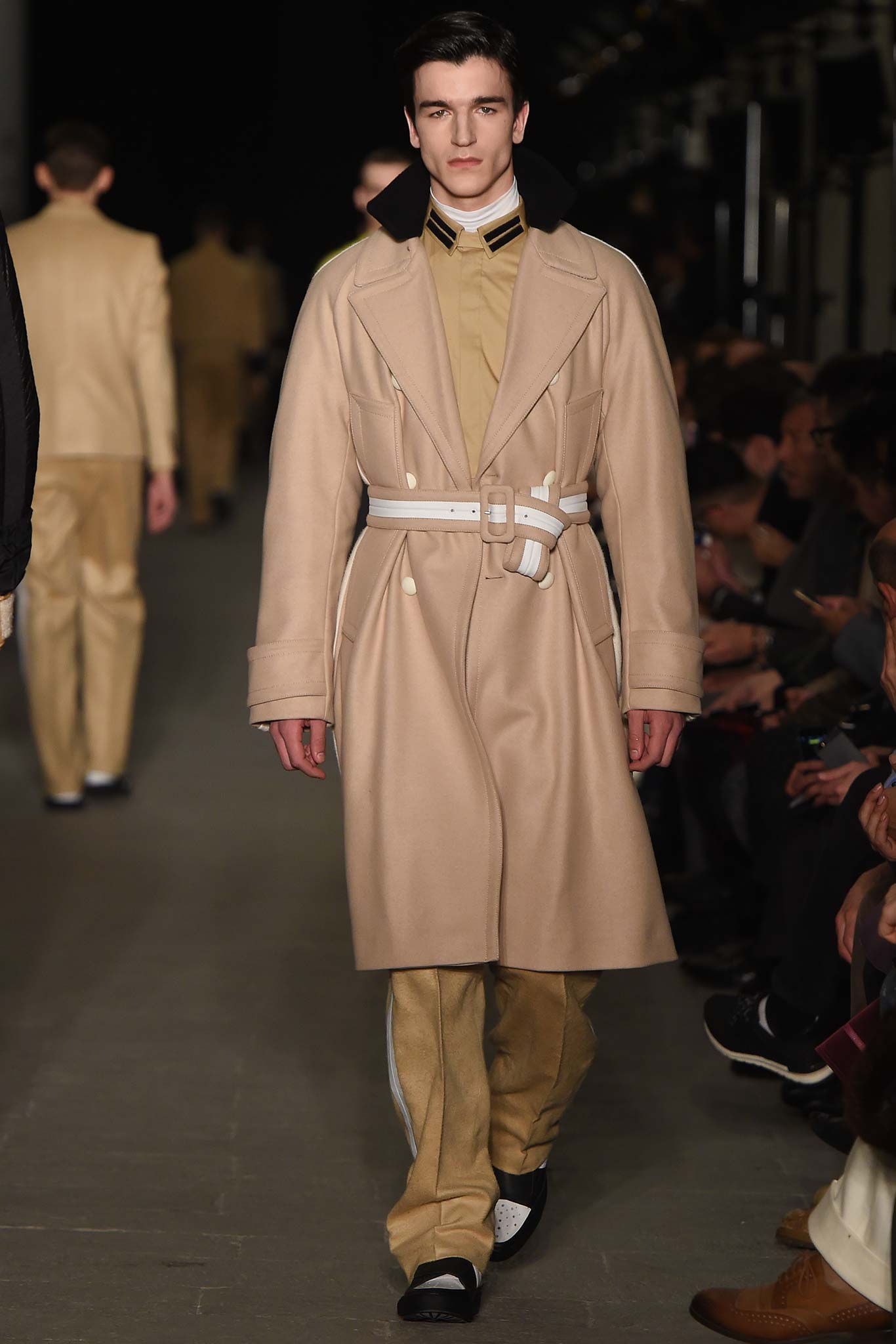 beige wool long-sleeve collared tailored belted trench