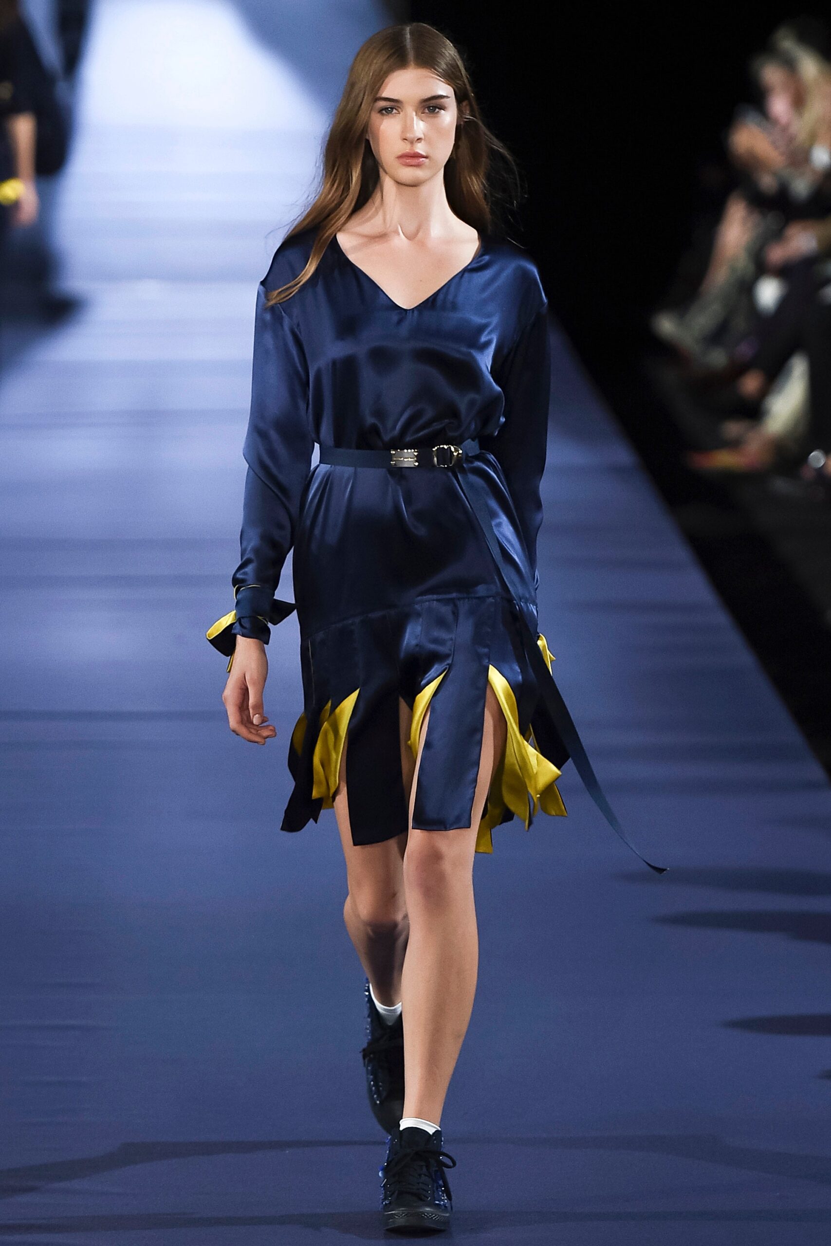 blue silk belted mini dress