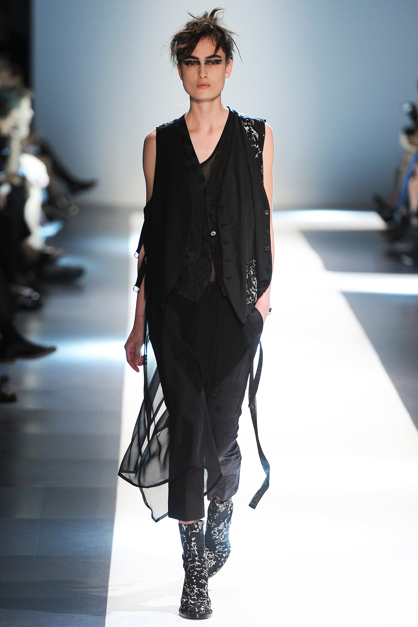black silk vest with relaxed pants