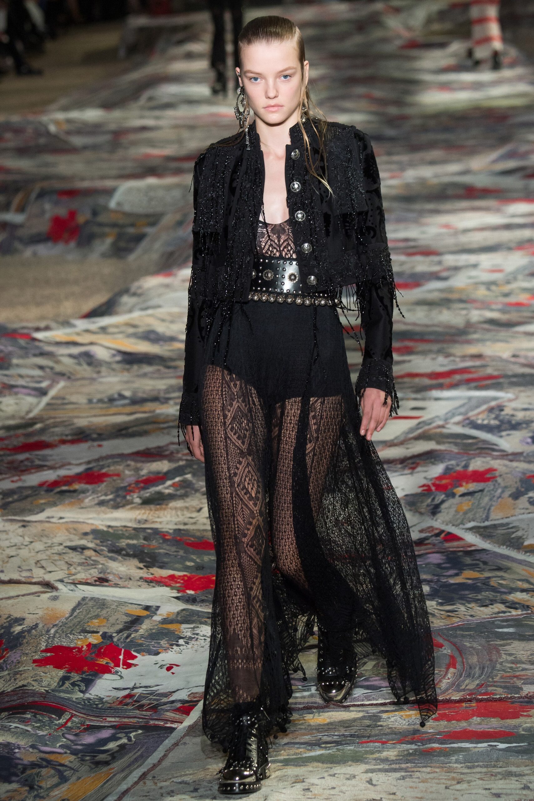 black lace maxi dress with fringed jacket