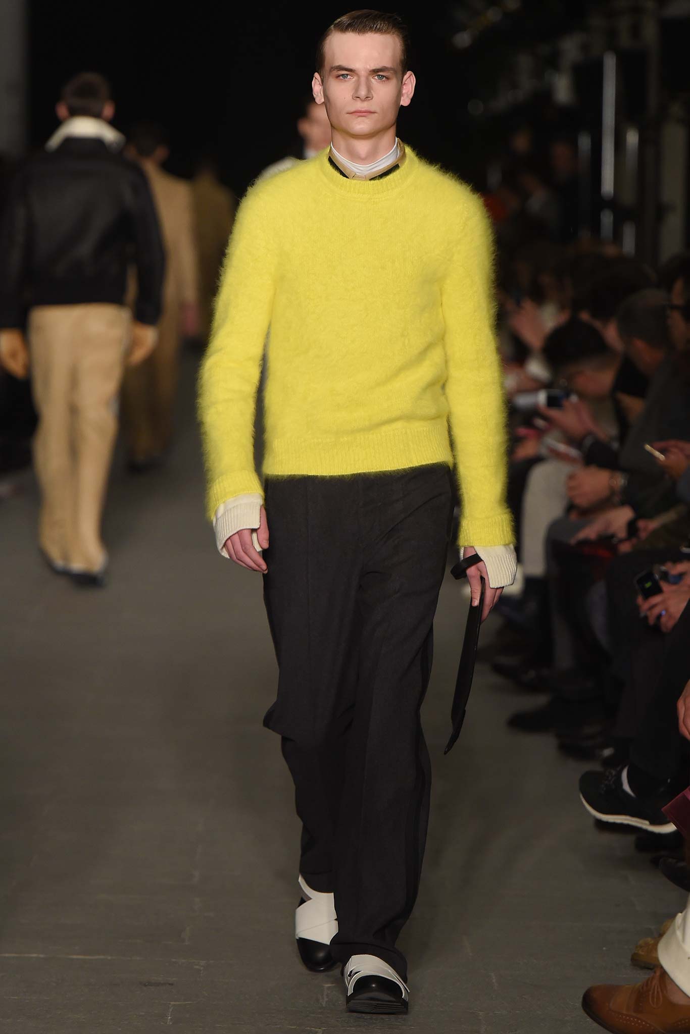 yellow wool long-sleeve collared fitted textured sweater