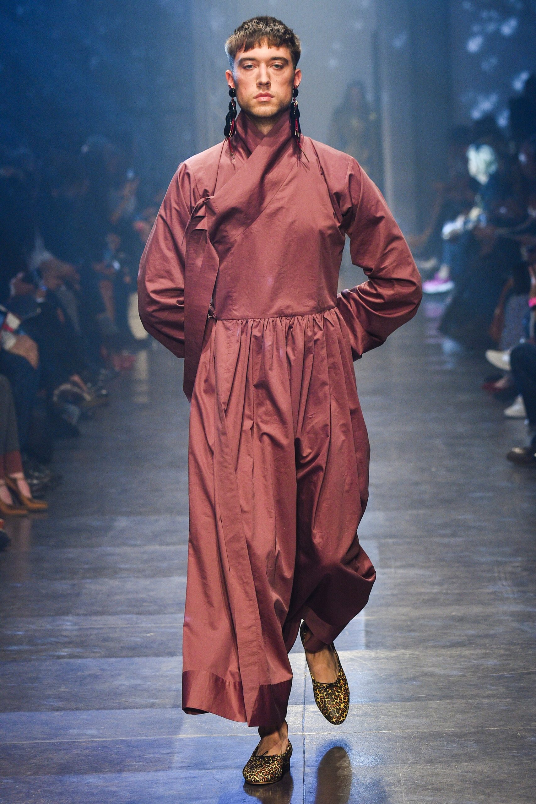 brown cotton long-sleeve collared relaxed pleated midi dress